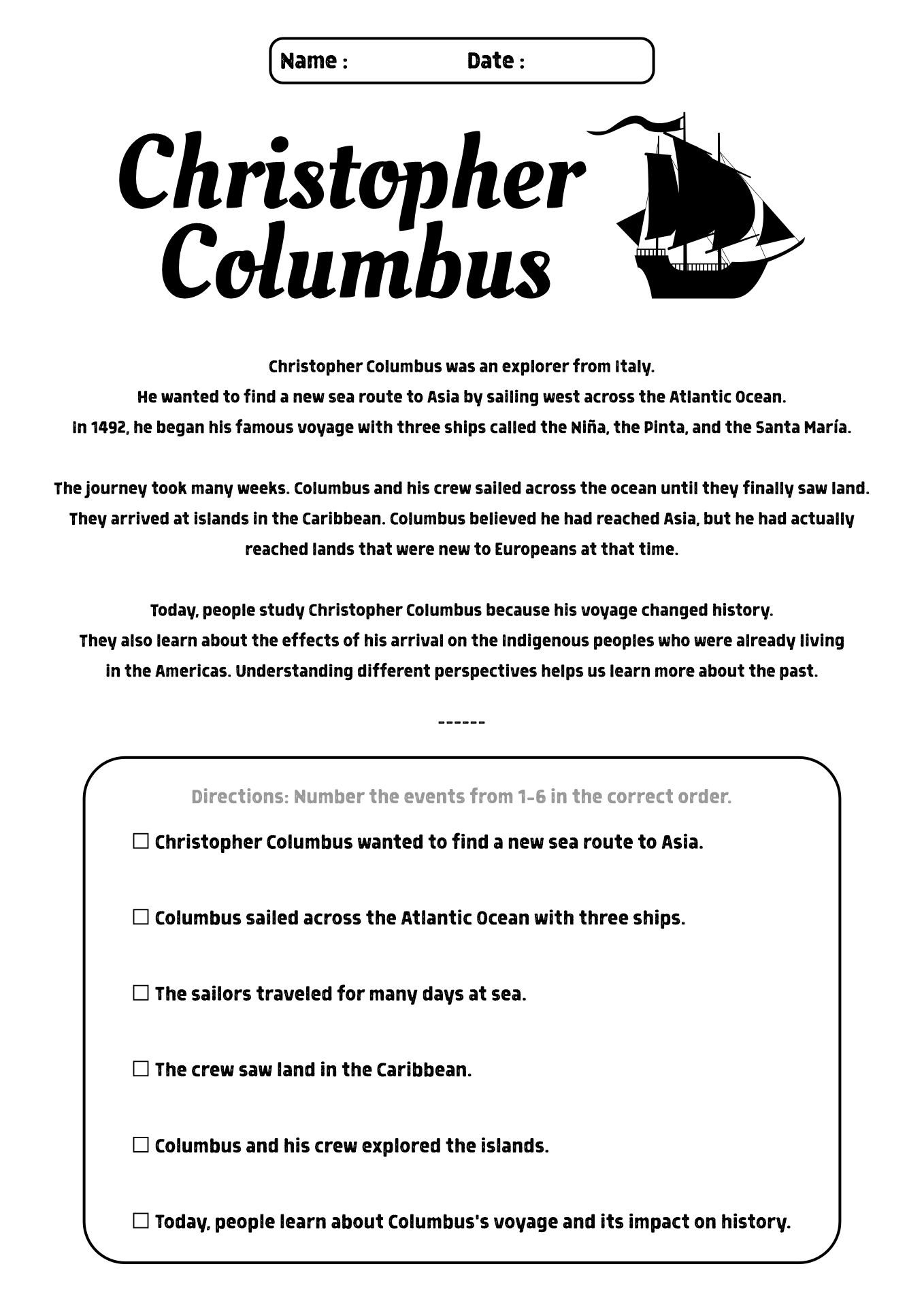 Christopher Columbus Worksheets for Second Grade