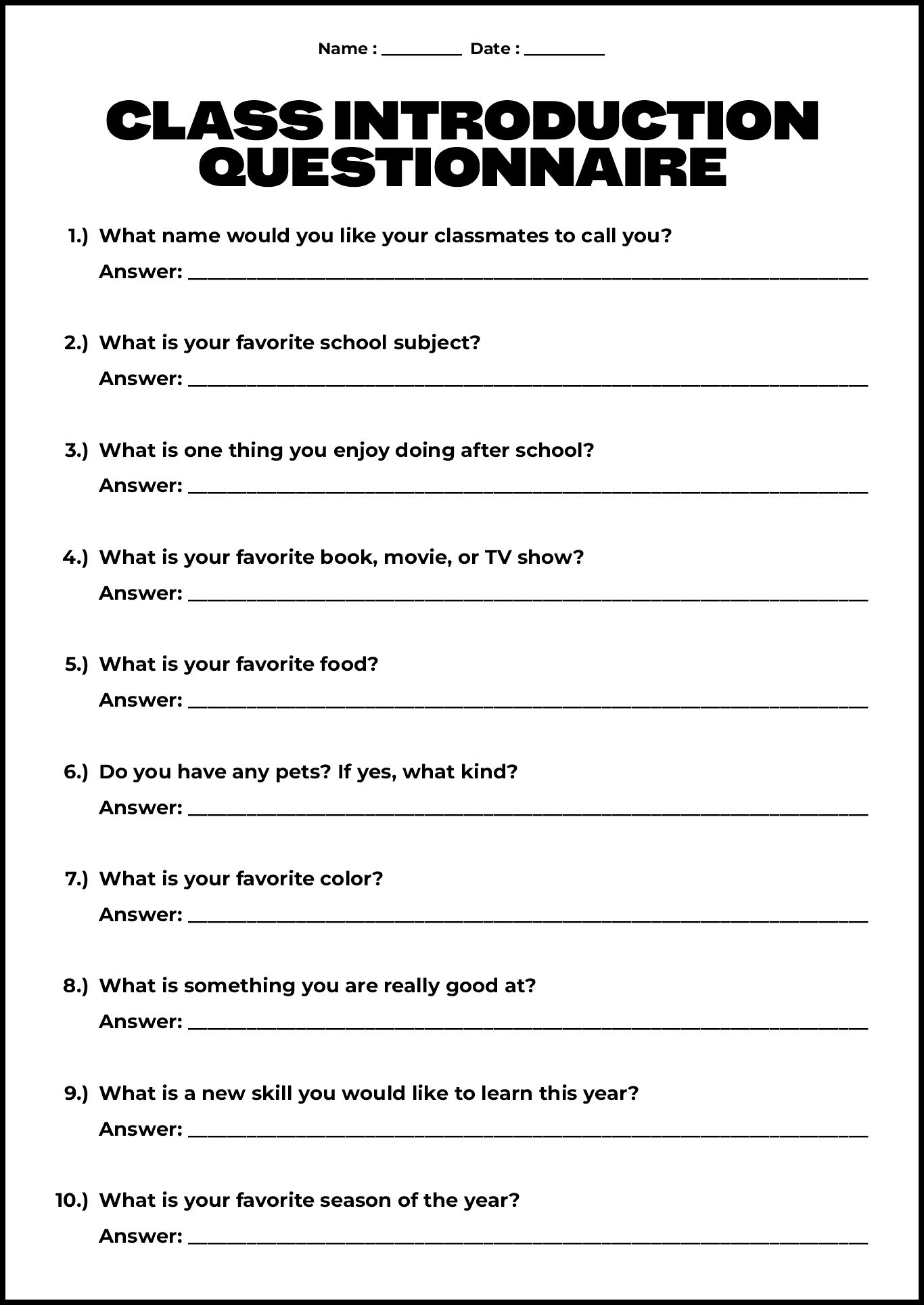 Class Introduction Questionnaire for Students