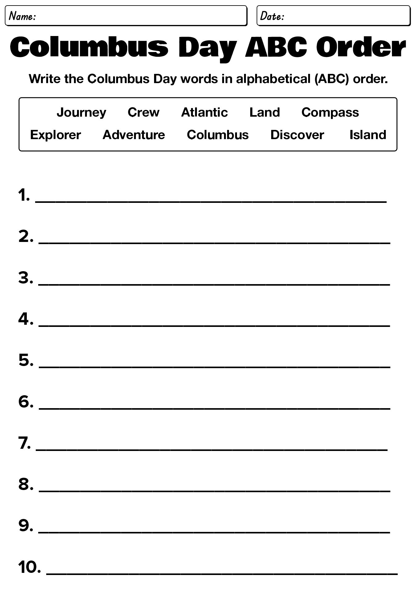 Columbus Day ABC Order Sorting Worksheet