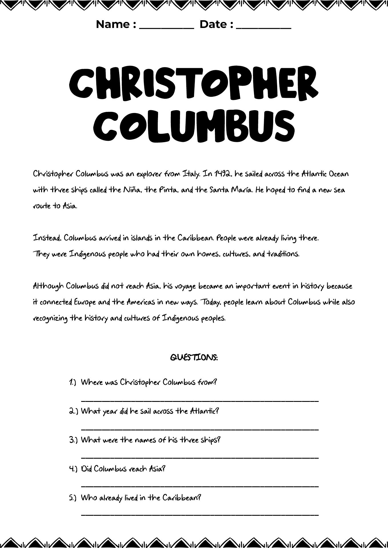 Columbus Day Activities for Third Grade