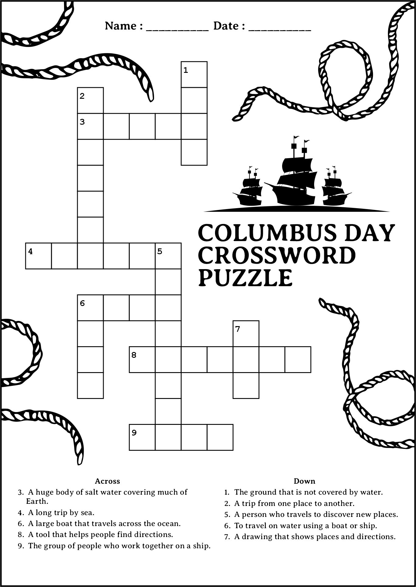Columbus Day Crossword Puzzles for Elementary Students