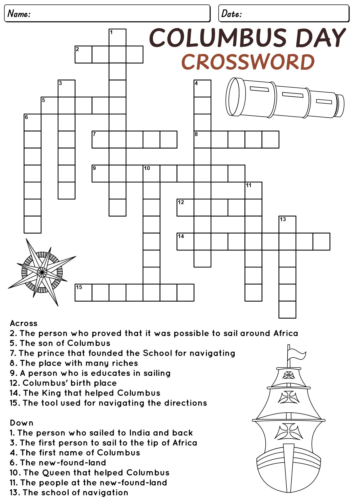 Columbus Day Crossword Puzzles for Kids