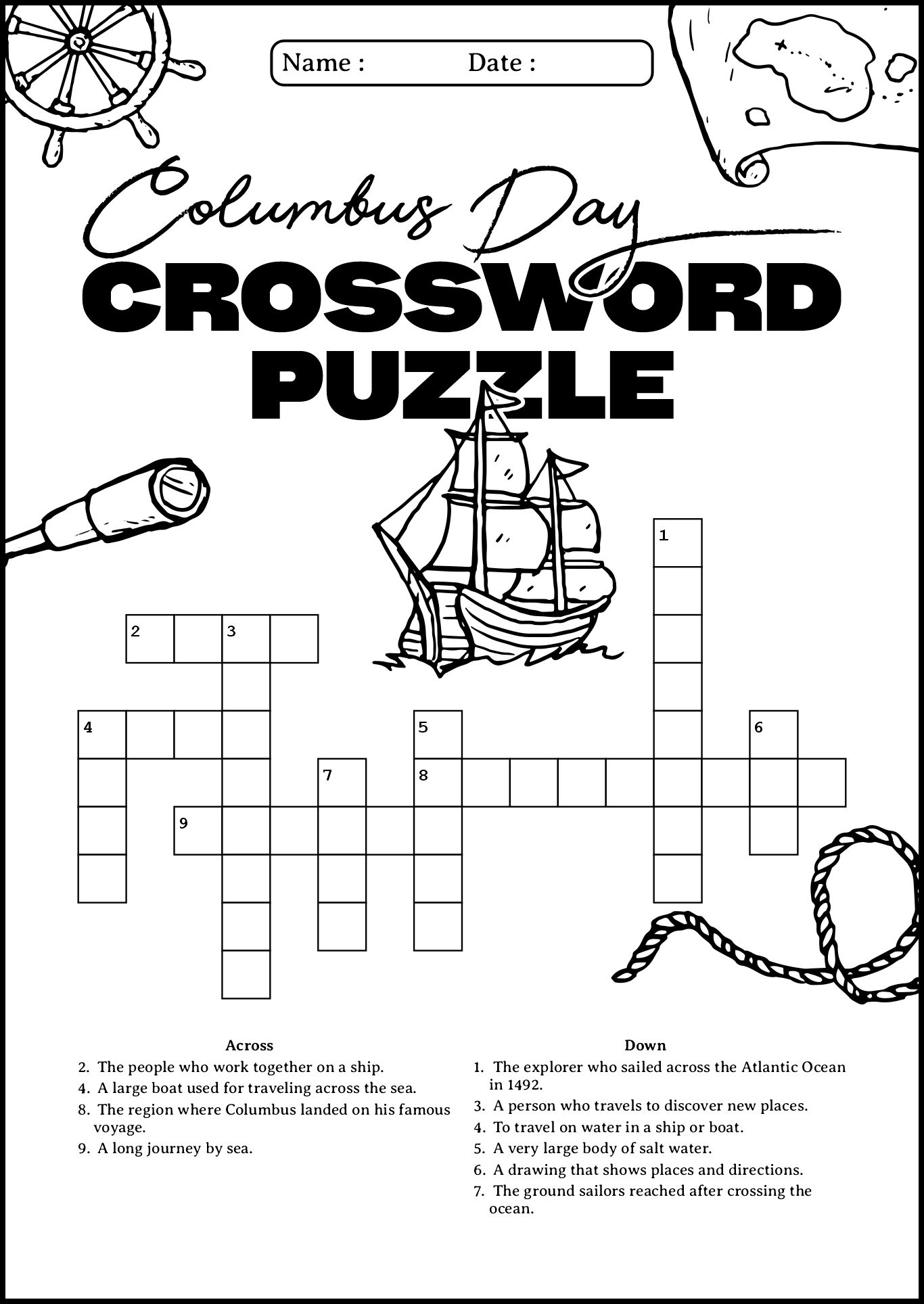 Columbus Day Crossword Puzzles for Students