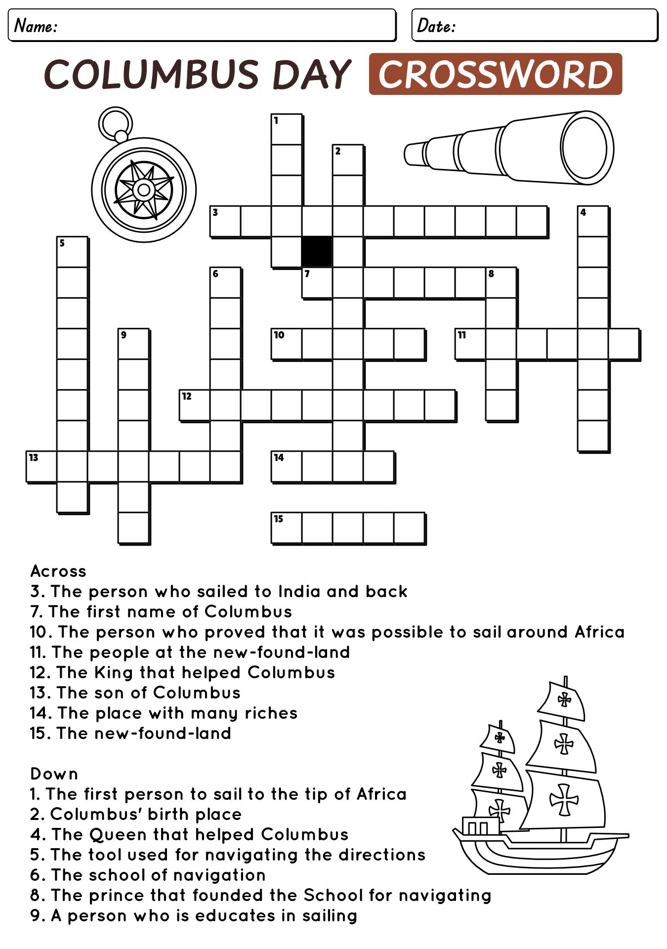Columbus Day Crossword Puzzles