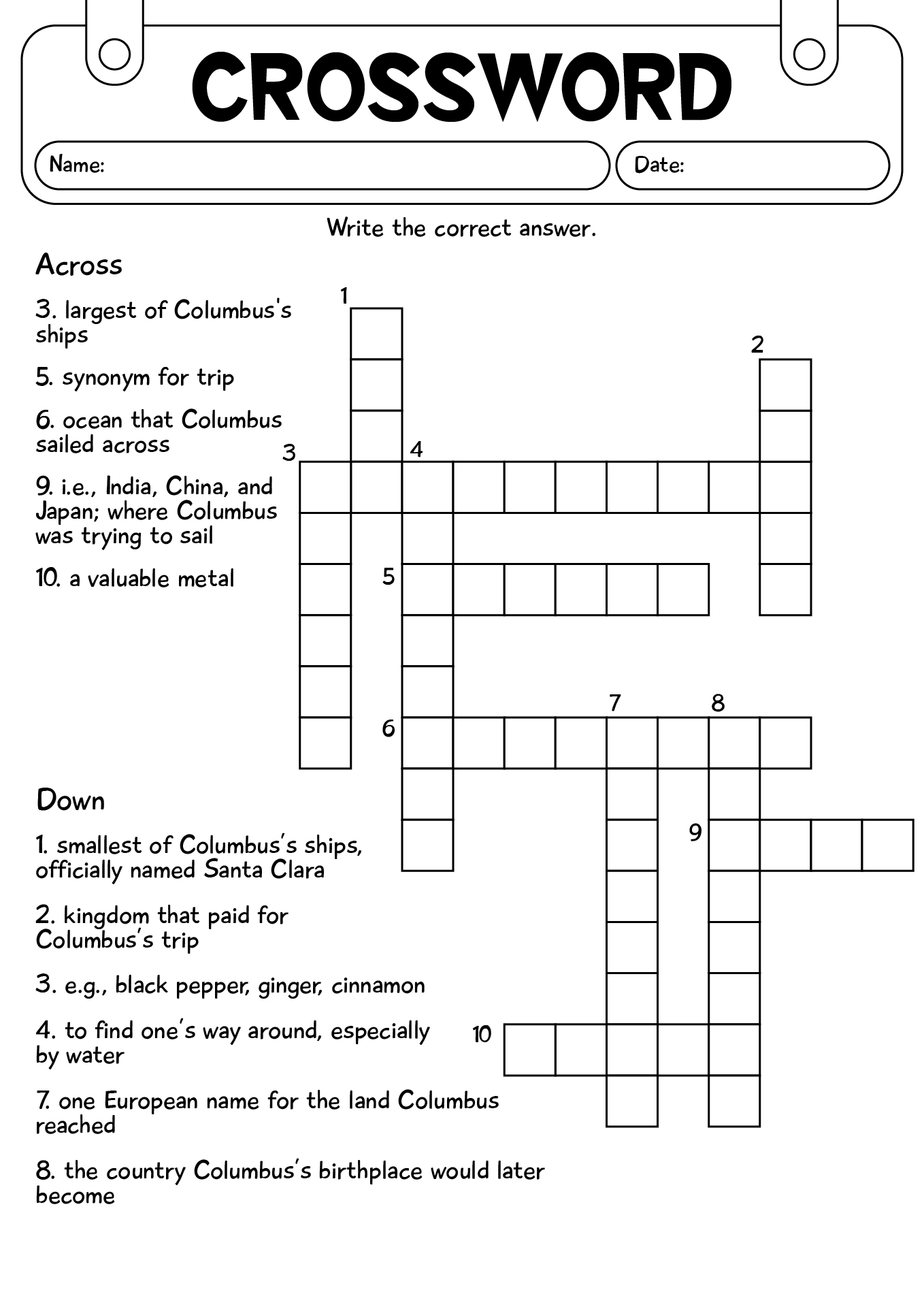 Columbus Day Crossword Worksheet