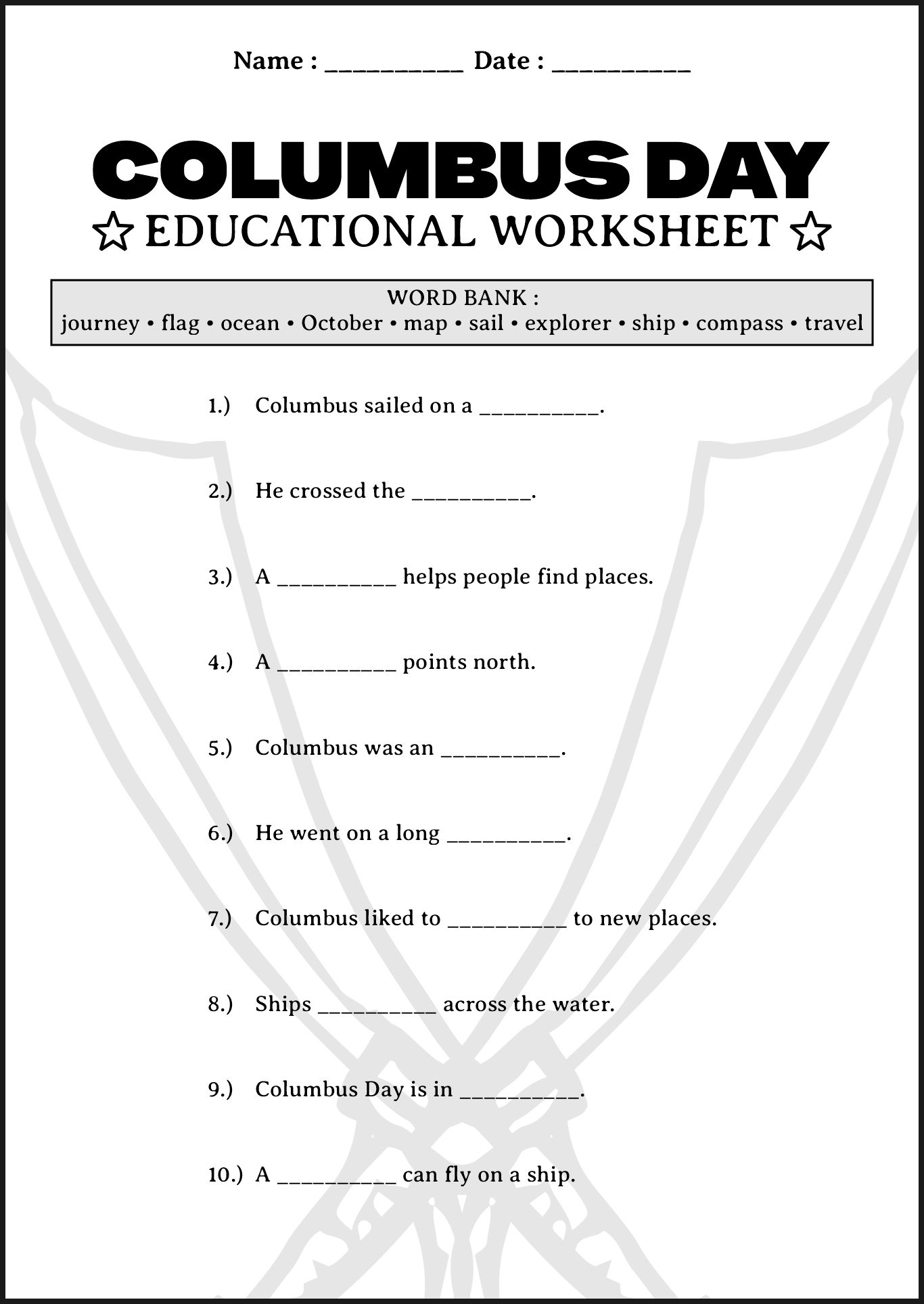 Columbus Day Educational Worksheet for First Grade
