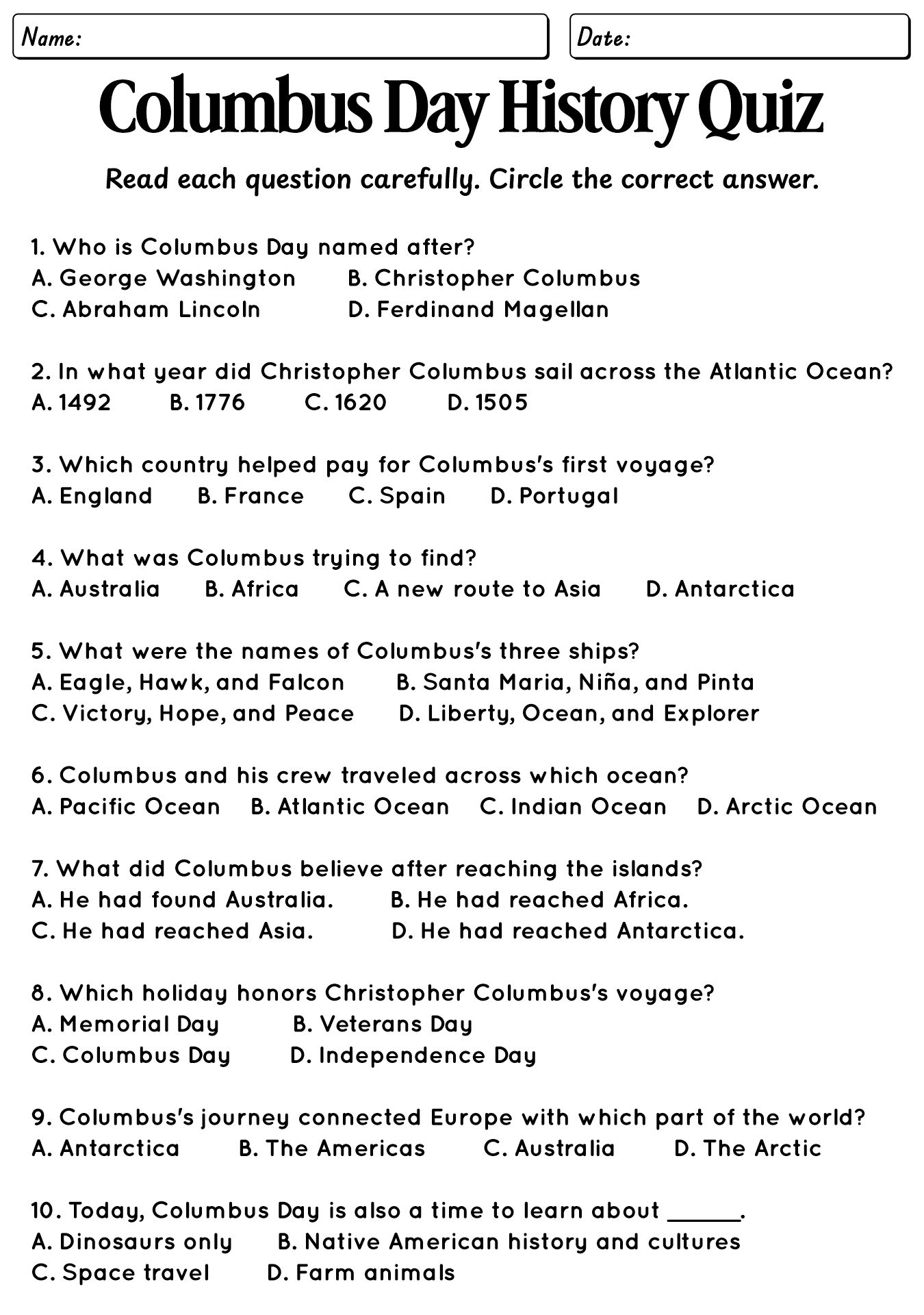 Columbus Day History Quiz Sheets