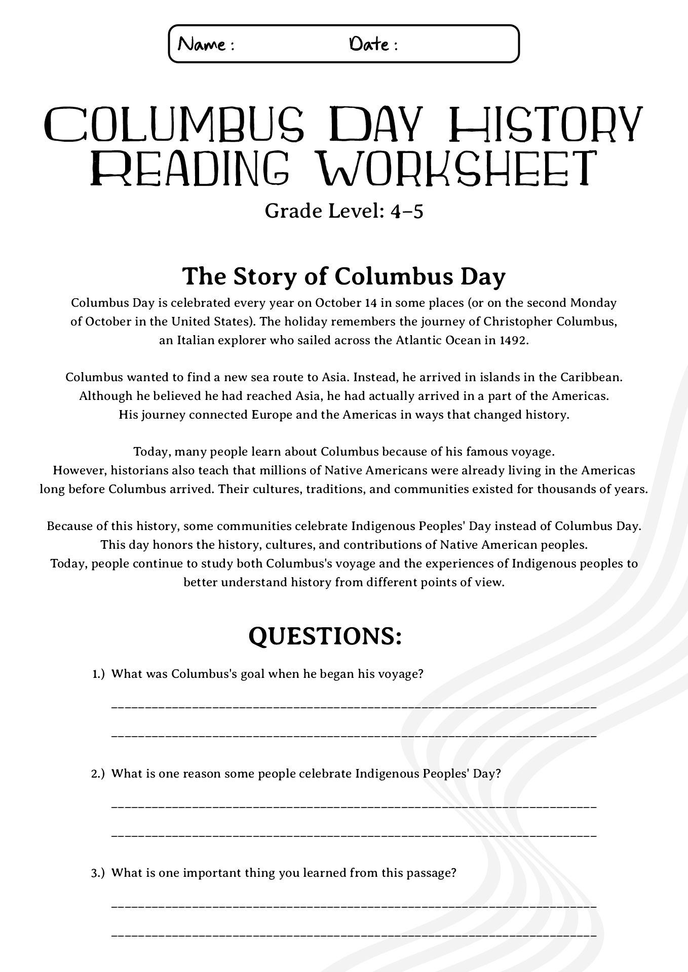 Columbus Day History Reading Worksheet