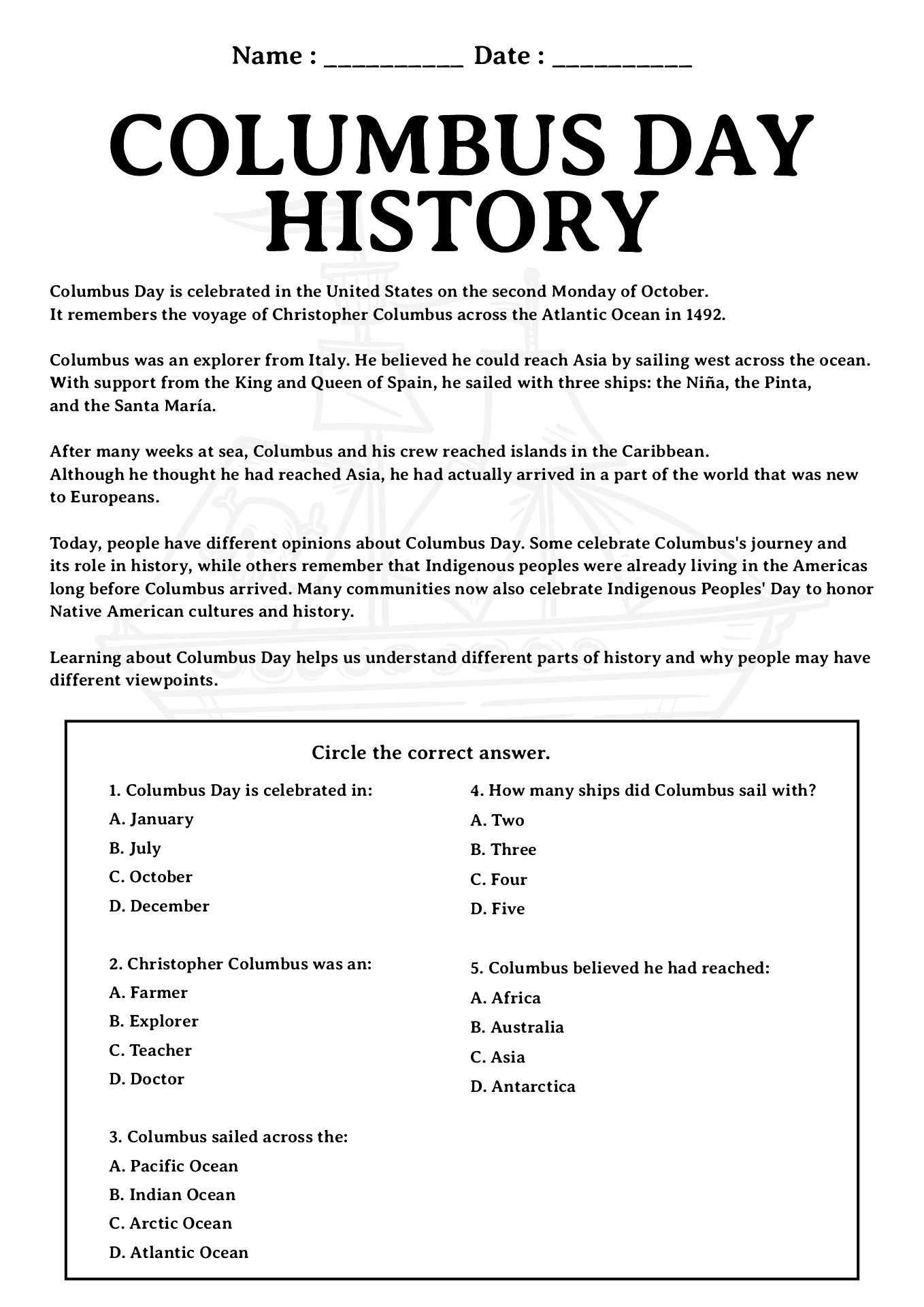 Columbus Day History Worksheets for 4th Grade