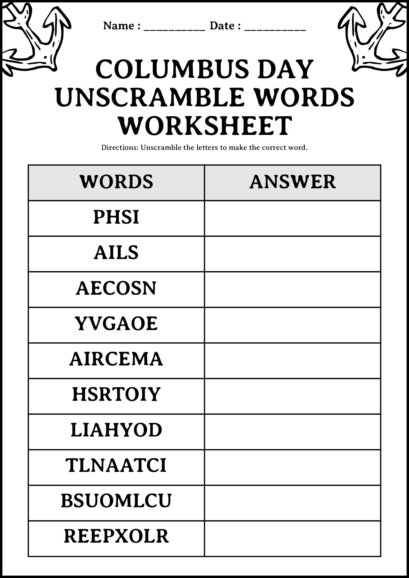 Columbus Day Learning Worksheet for Second Grade