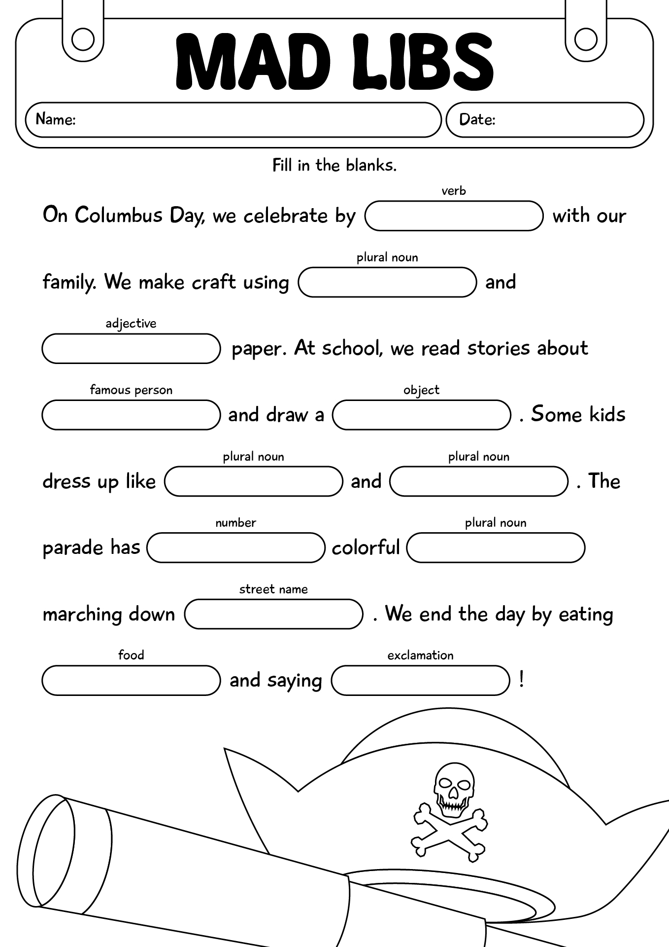 Columbus Day Mad Libs Worksheet