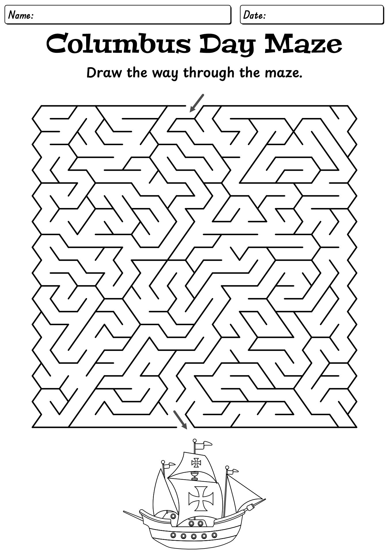 Columbus Day Maze Worksheets for Elementary Students