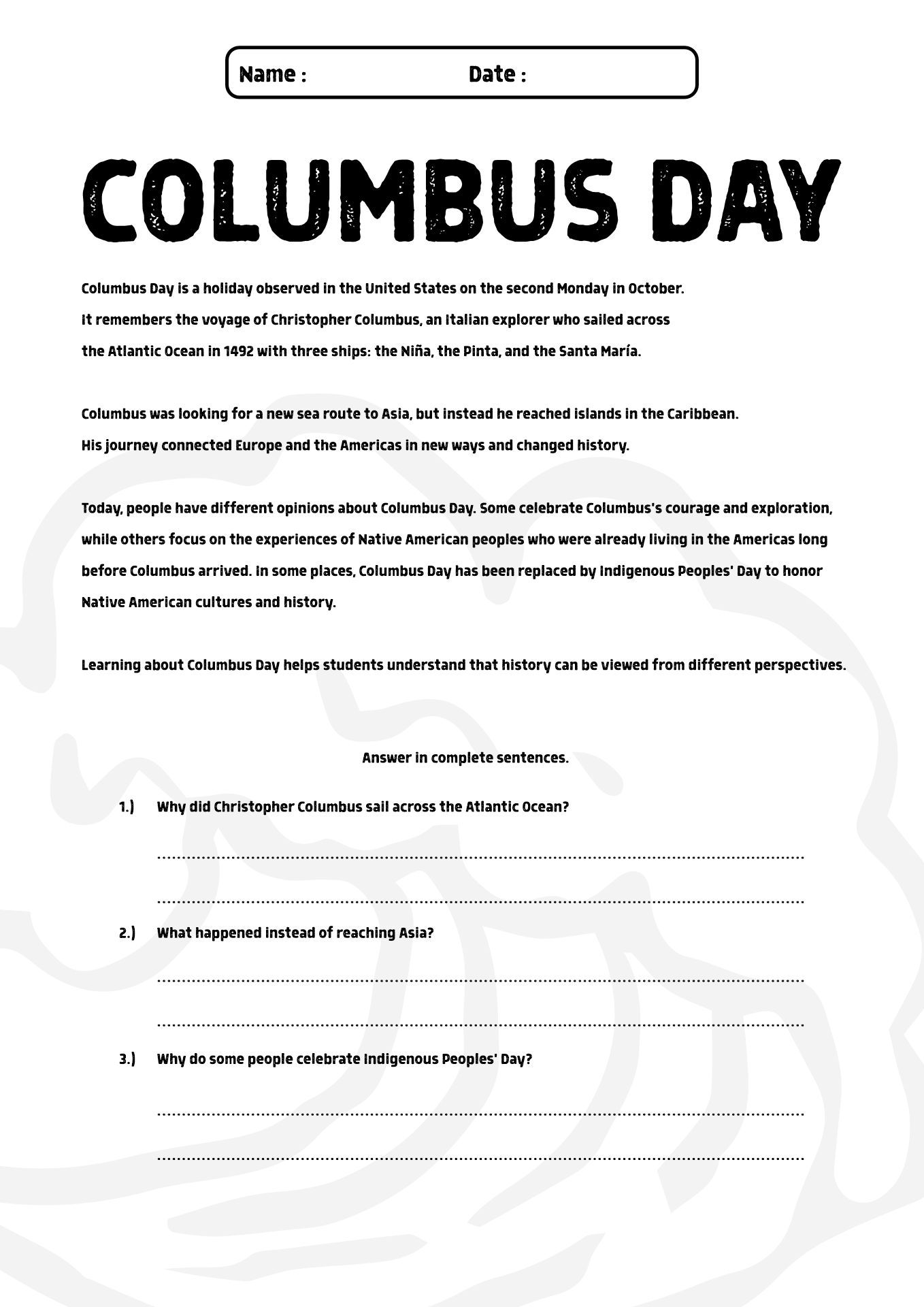 Columbus Day Printable Reading Exercises