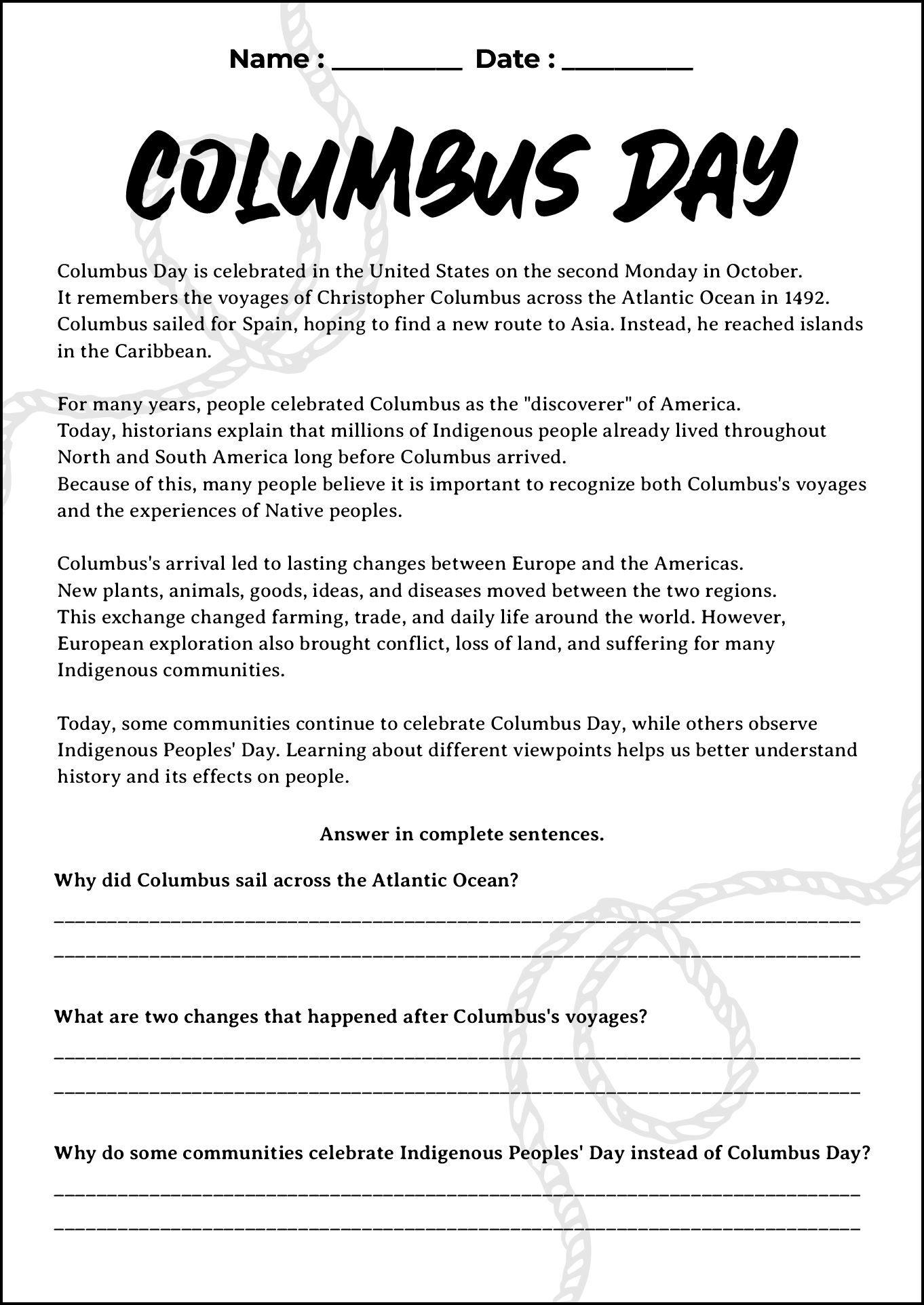 Columbus Day Printable Worksheet for 5th Graders