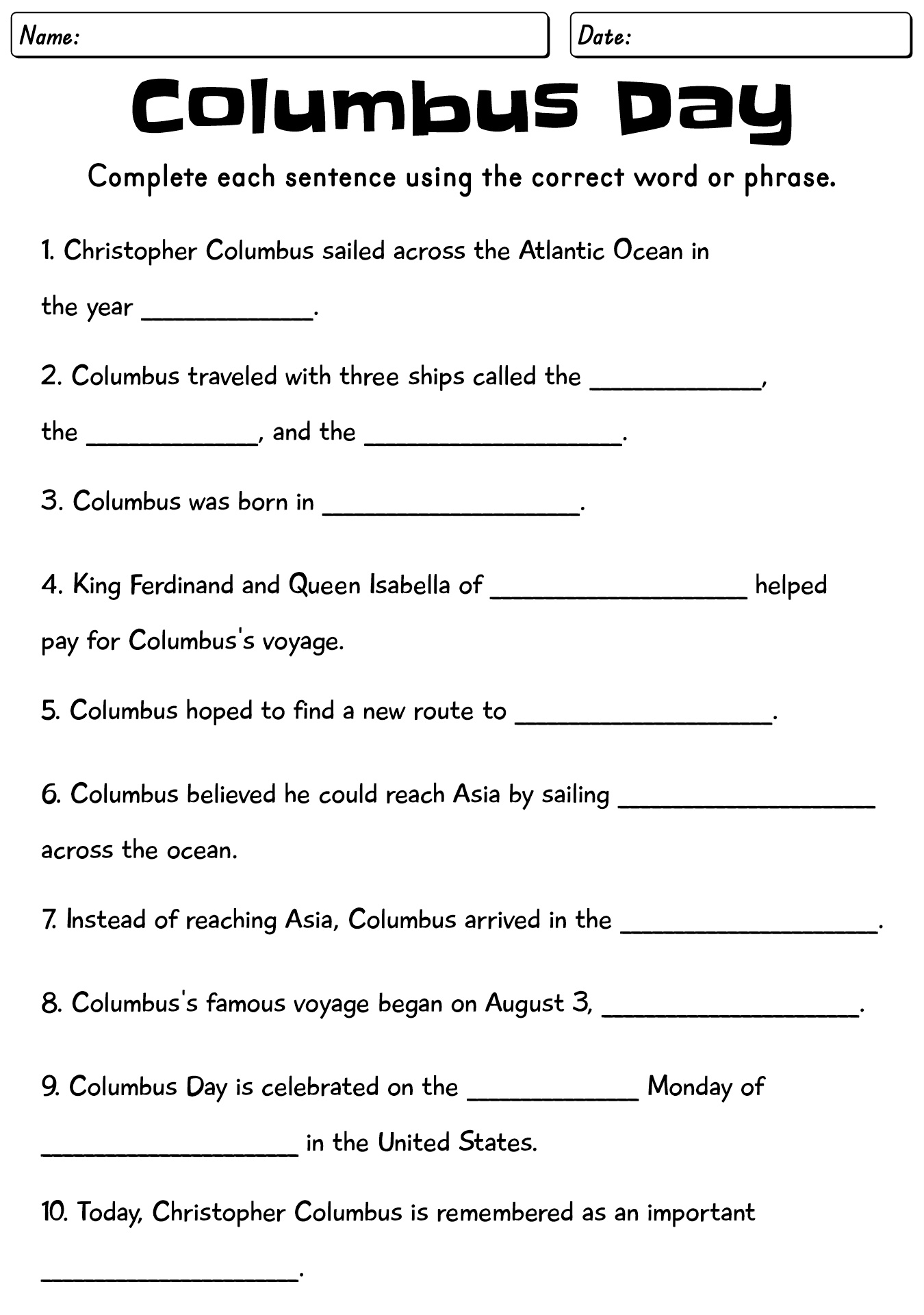 Columbus Day Printable Worksheets