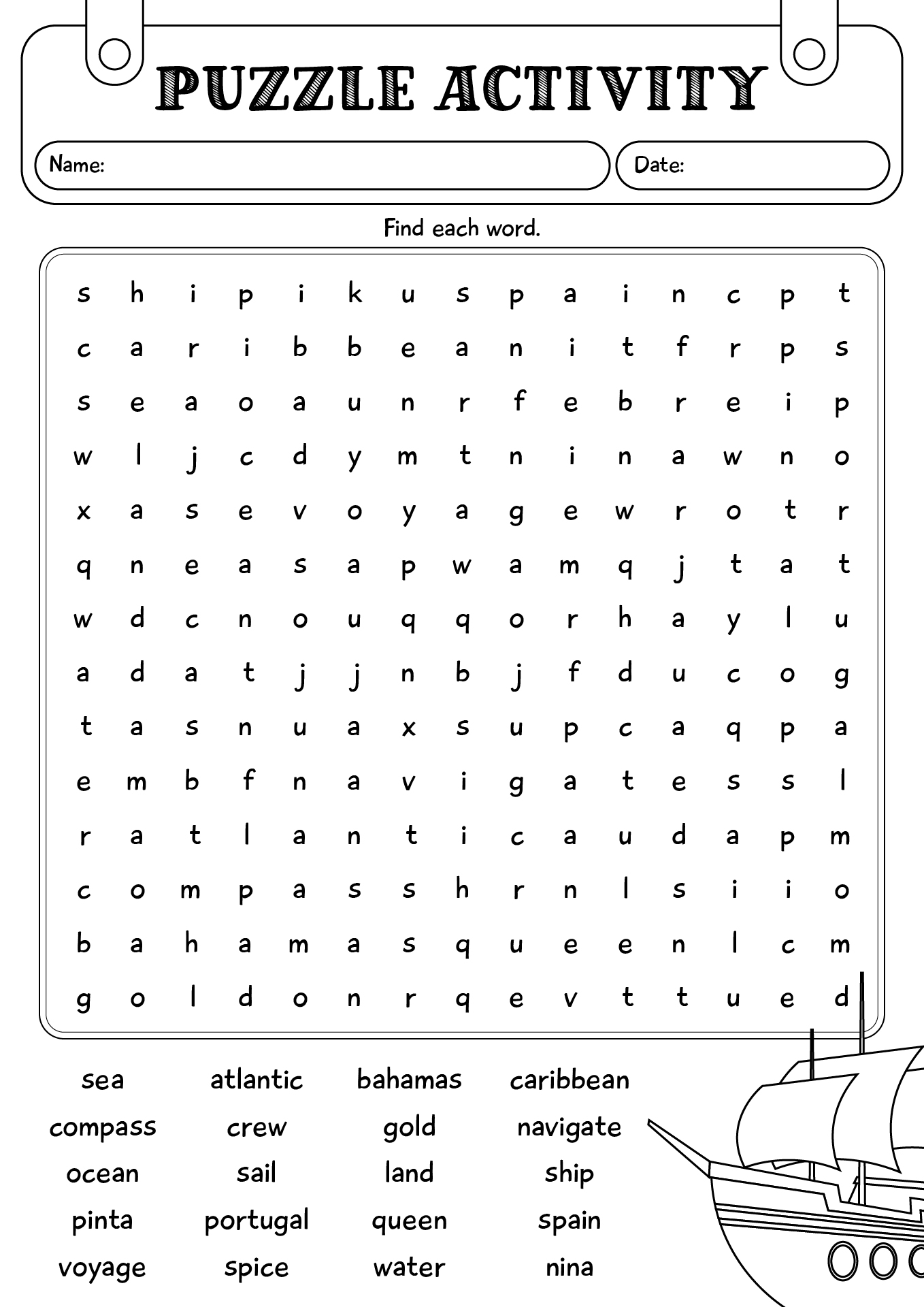 Columbus Day Puzzle Activity Worksheet