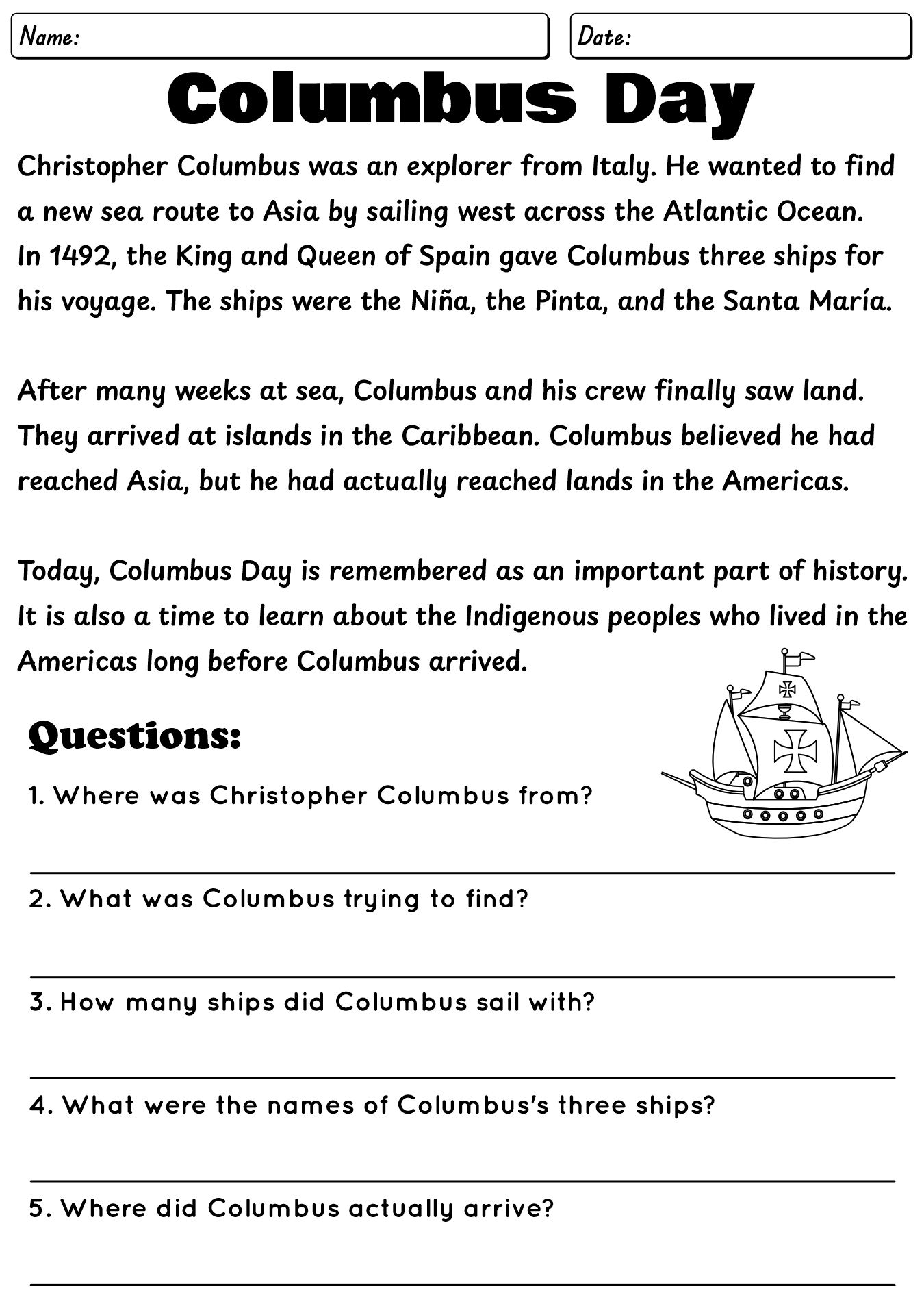 Columbus Day Reading Comprehension Worksheets
