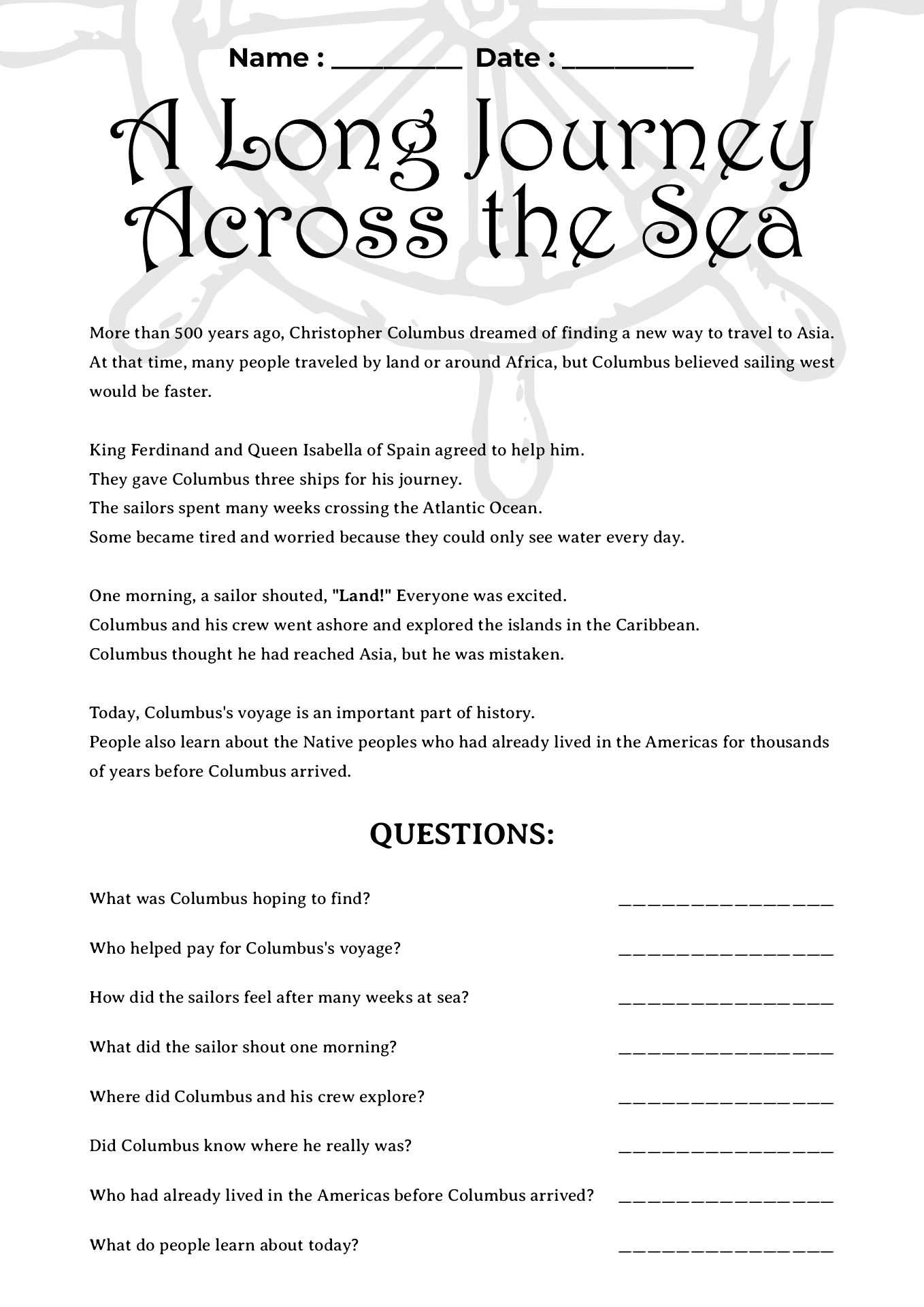 Columbus Day Reading Comprehension Worksheets