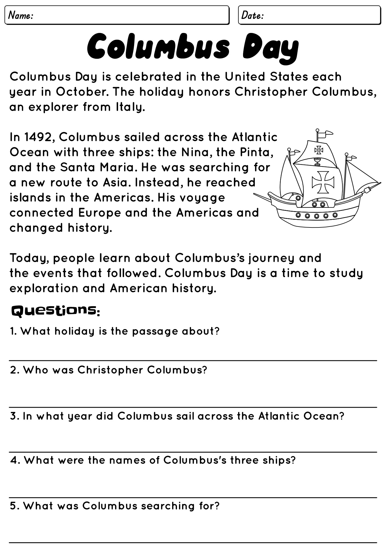 Columbus Day Reading Worksheets