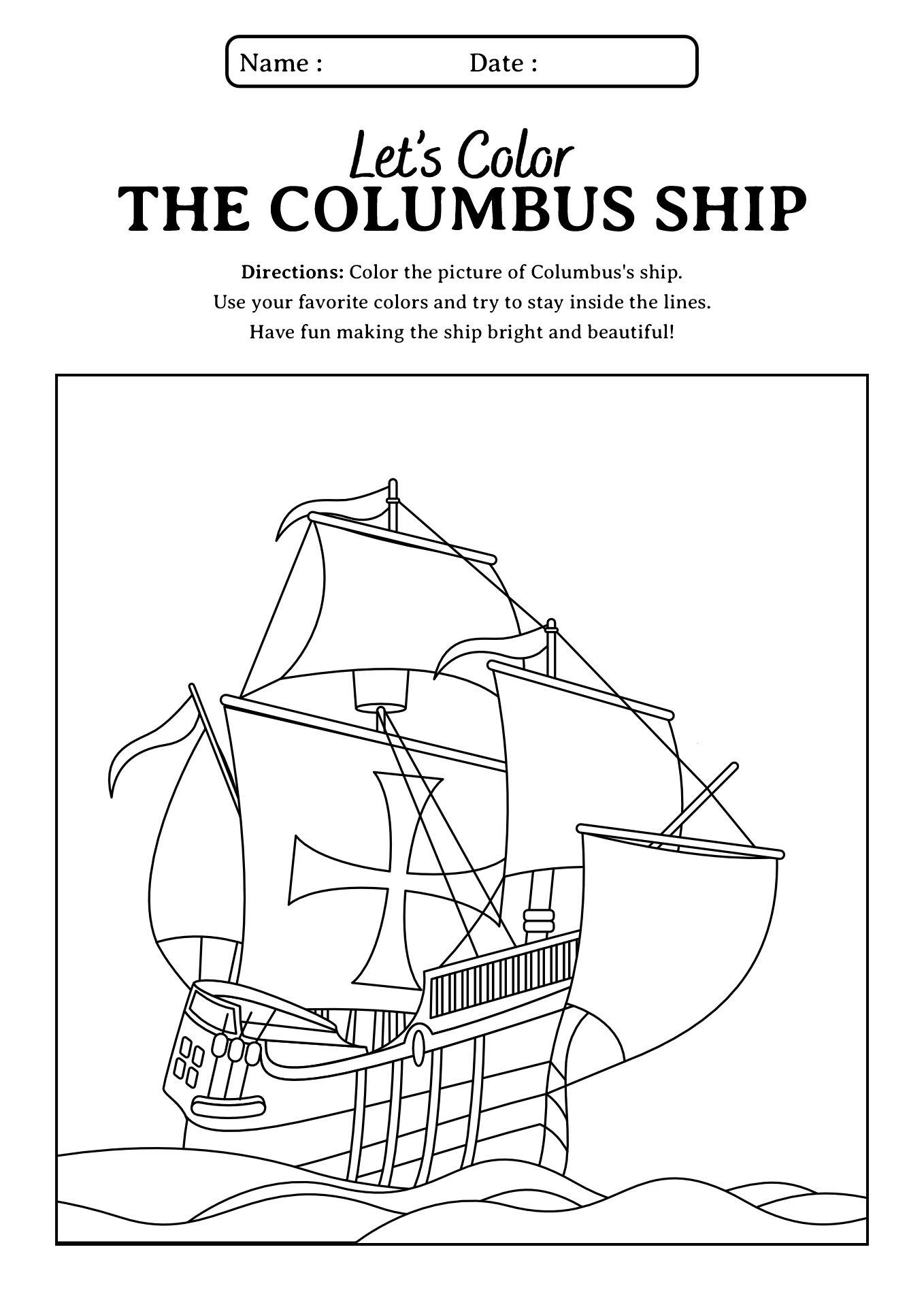 Columbus Day Ship Worksheets for Kindergarten