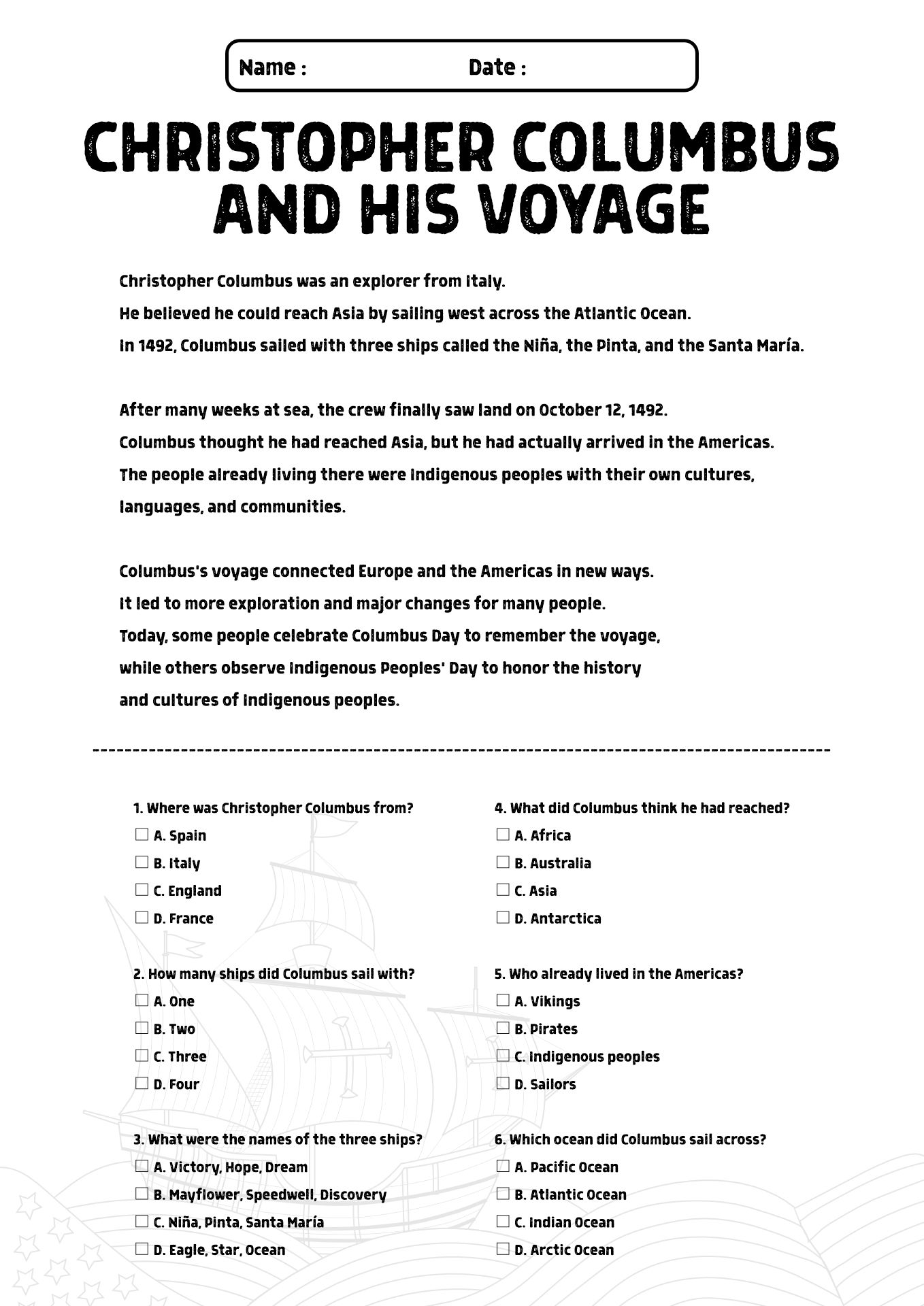 Columbus Day Story and Questions Worksheet