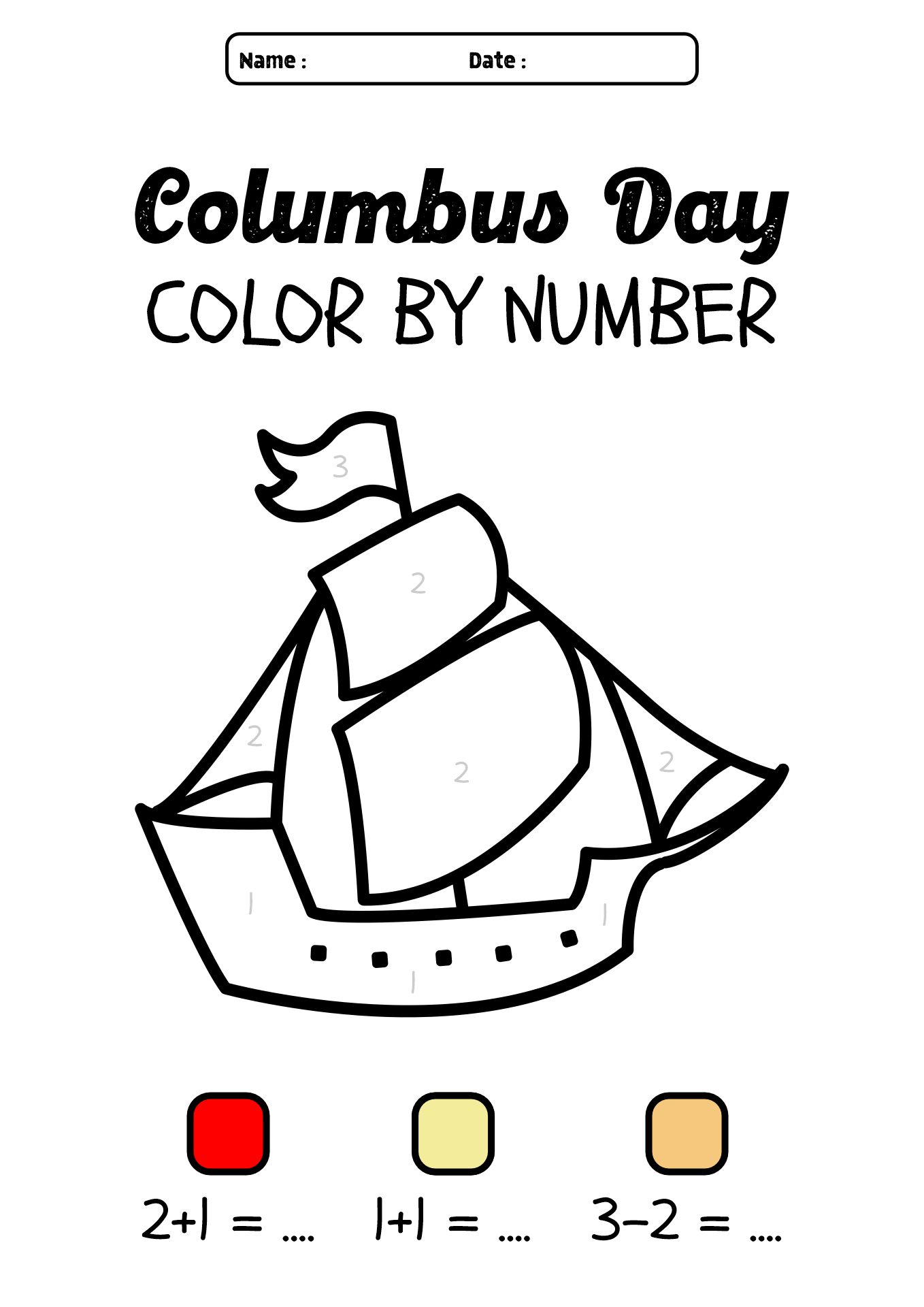 Columbus Day Themed Math Worksheets for Kindergarten