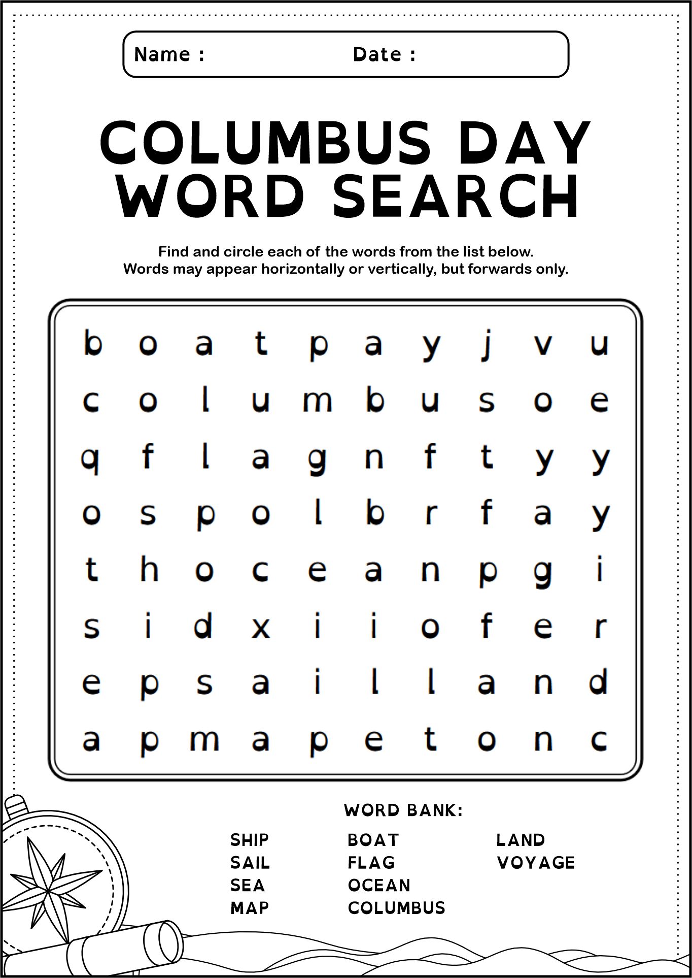 Columbus Day Word Search for Kindergarten Students
