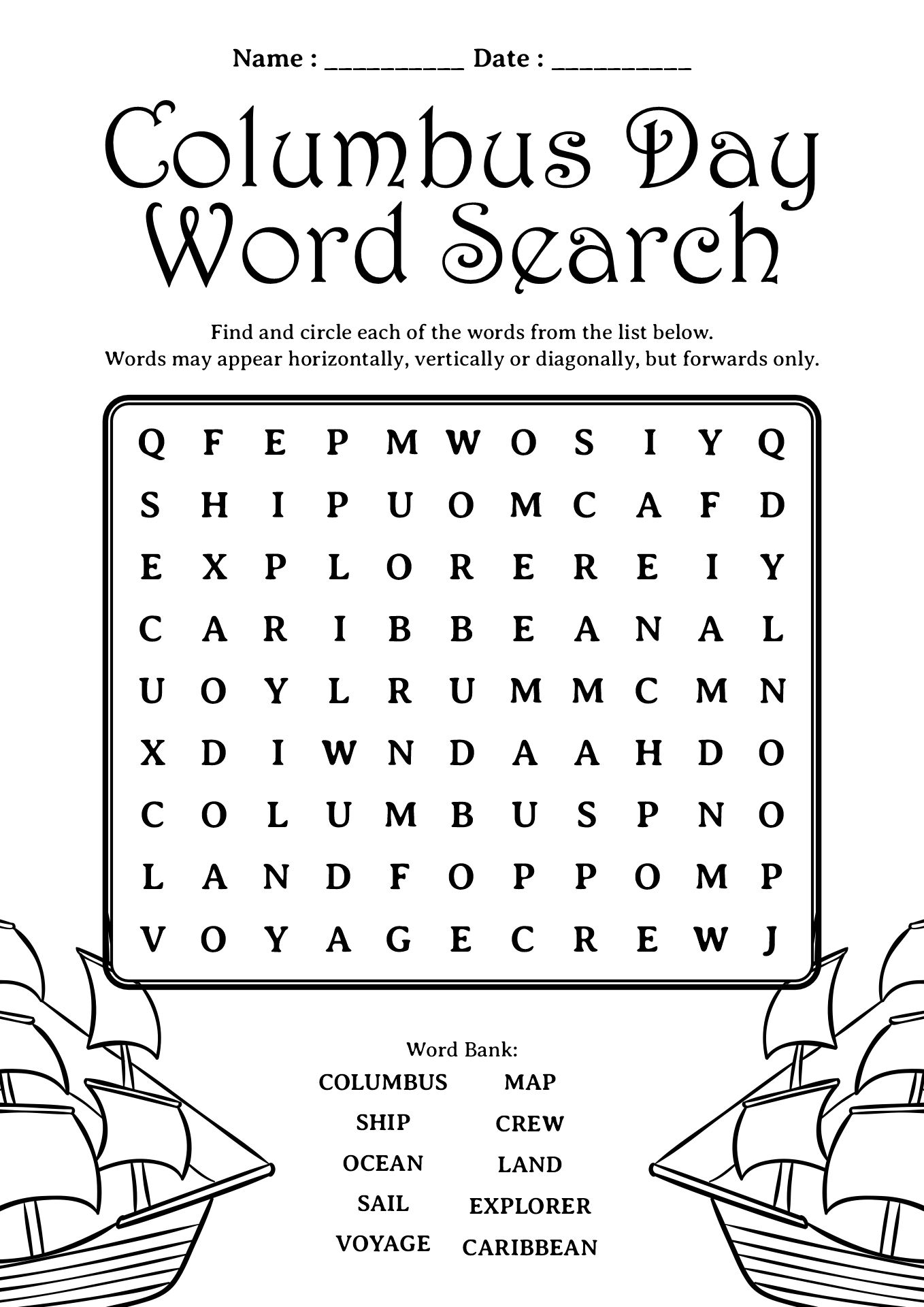 Columbus Day Word Search Puzzles Worksheets