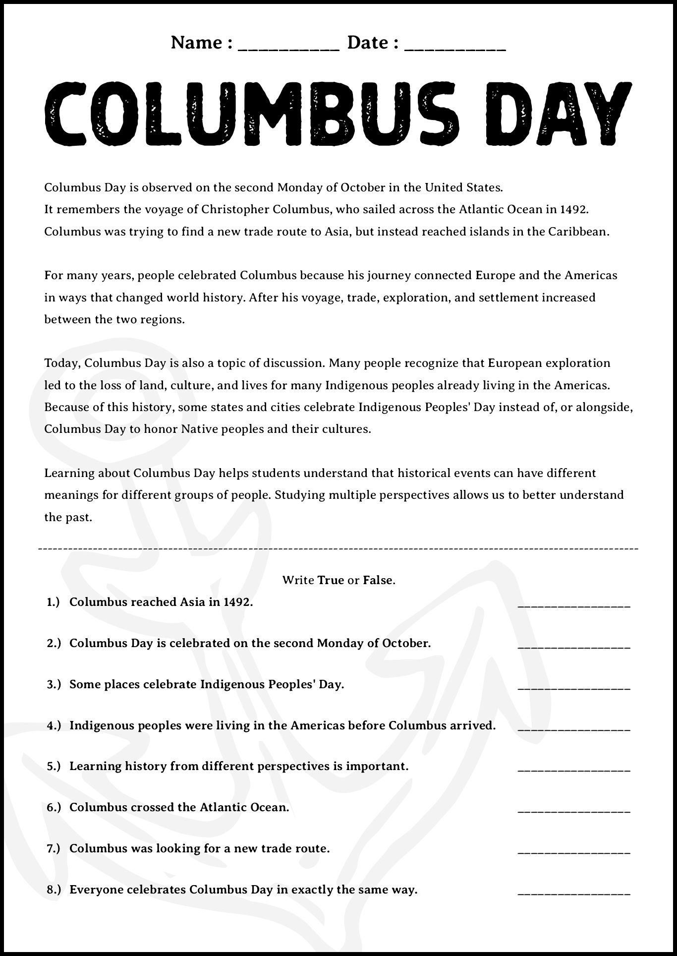 Columbus Day Worksheet for Grade 6