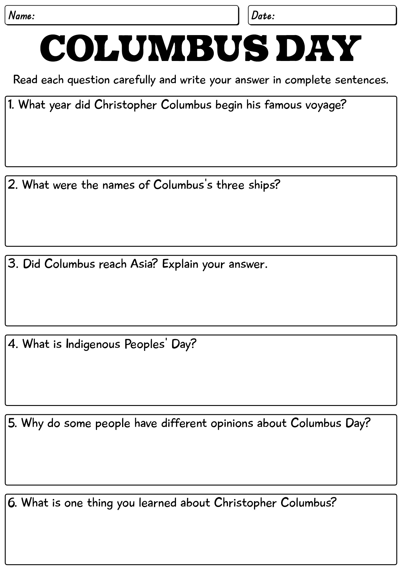 Columbus Day Worksheets Activity