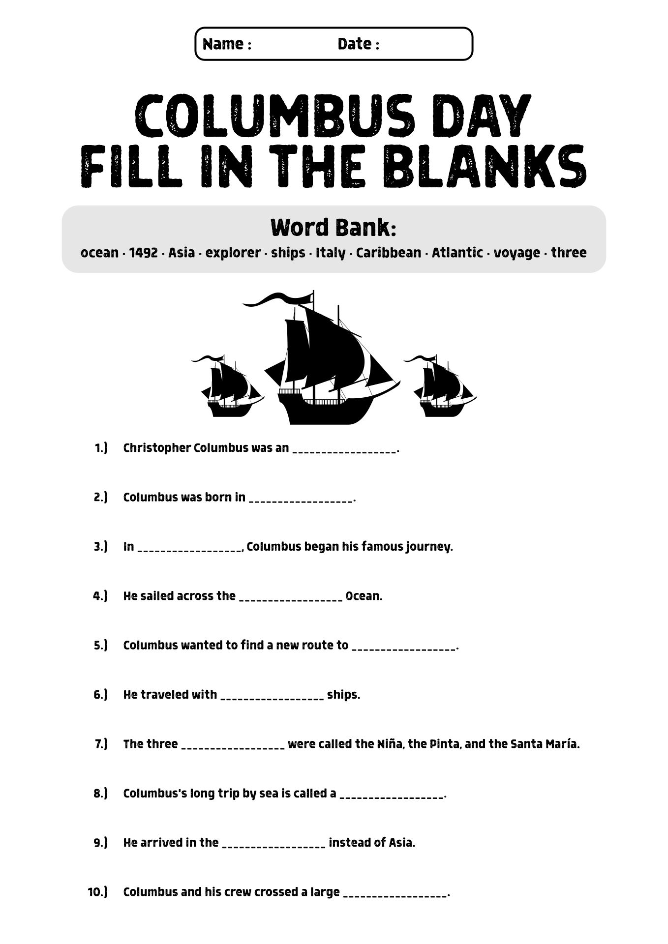 Columbus Day Worksheets for 2nd Grade