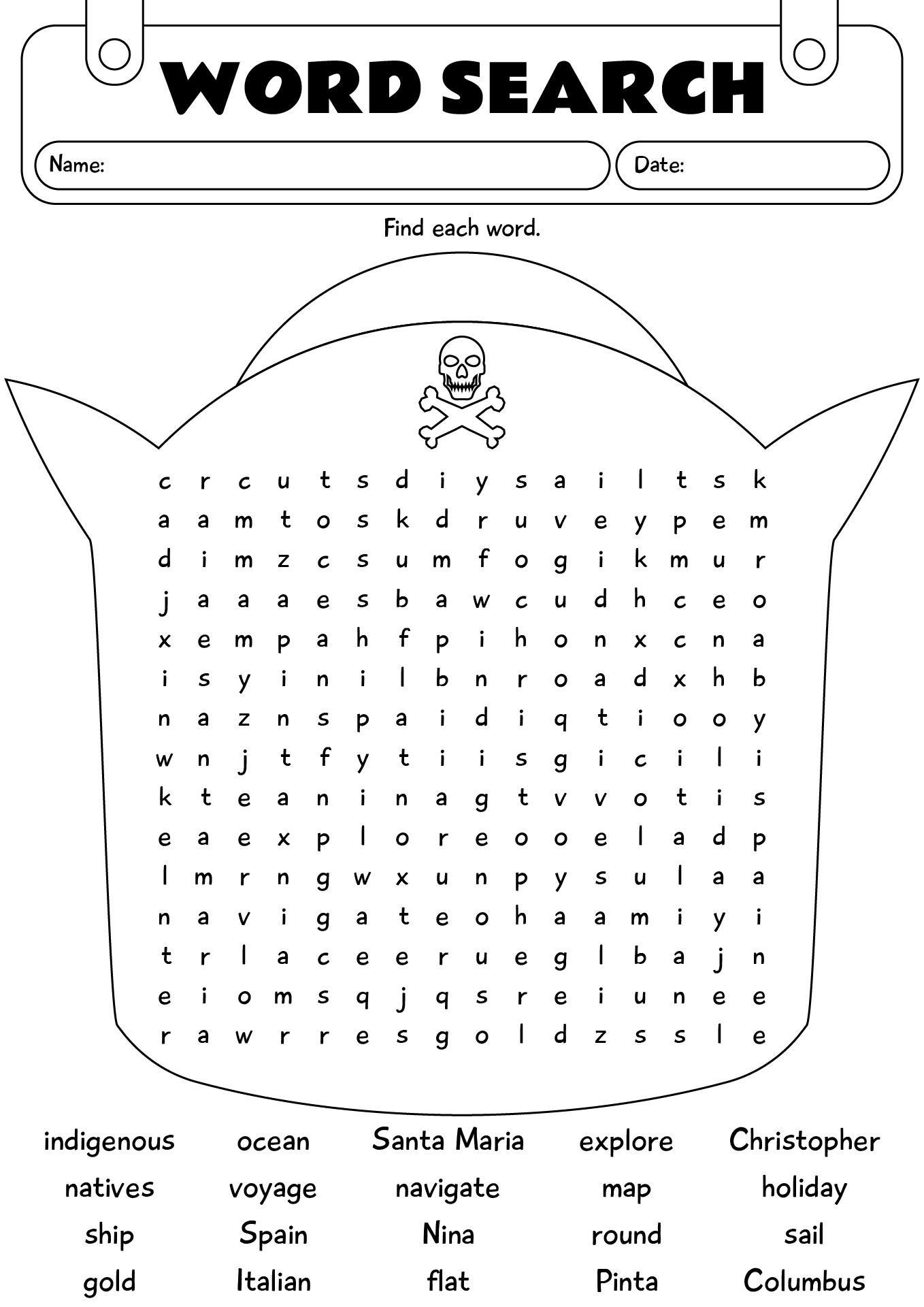 Columbus Day Worksheets Word Search