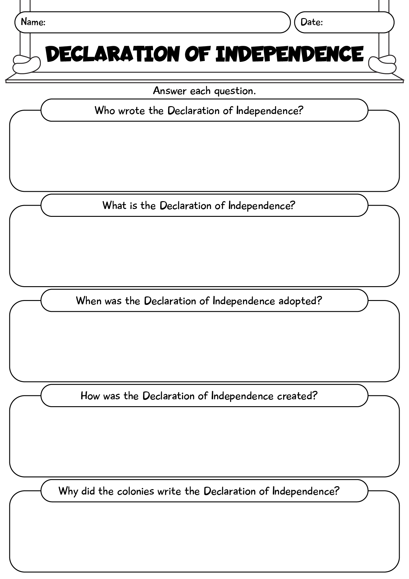 Declaration Of Independence Activity Sheet