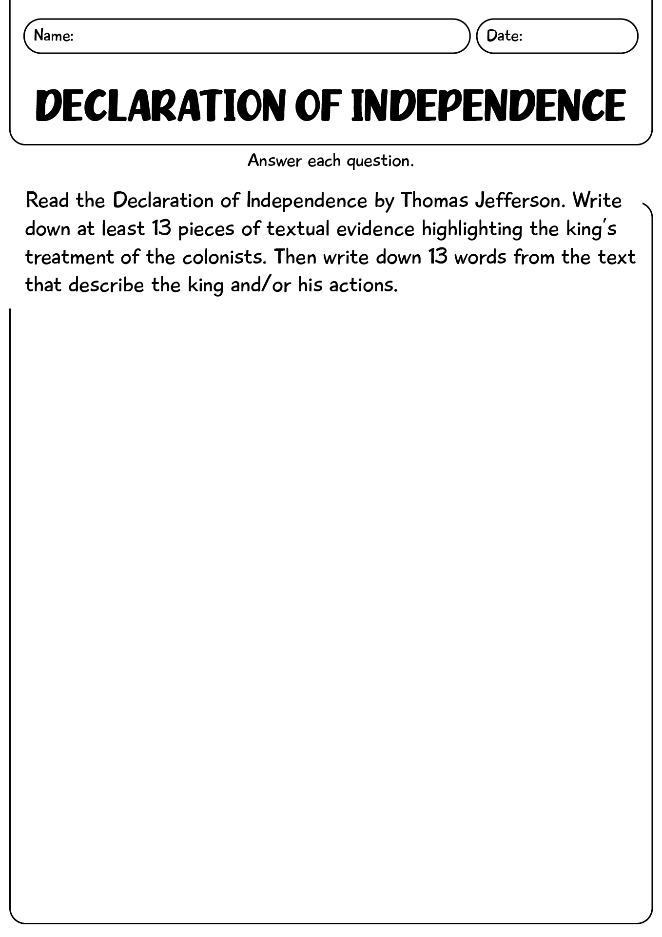 Declaration Of Independence Fun Worksheet