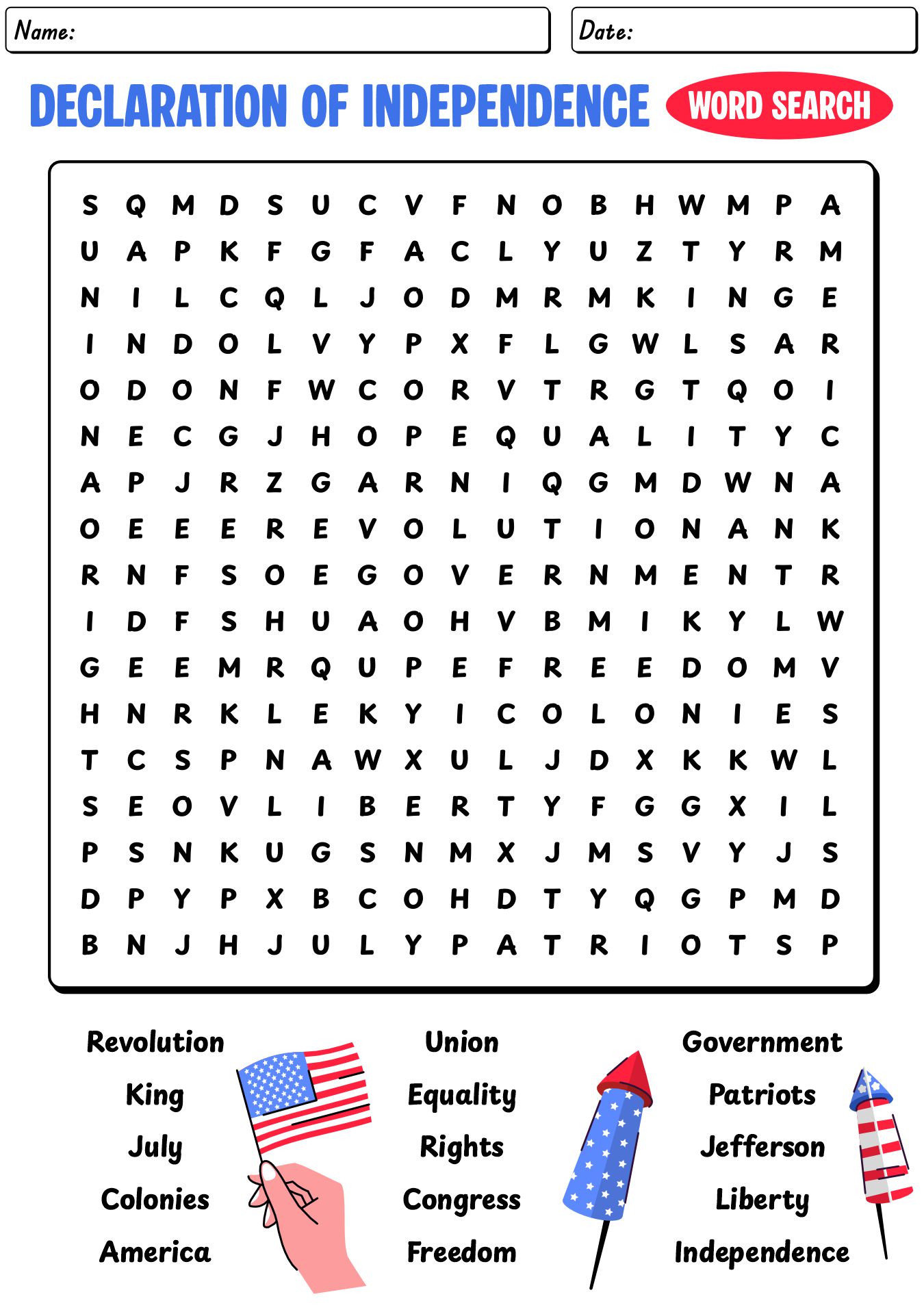 Declaration Of Independence History Word Search