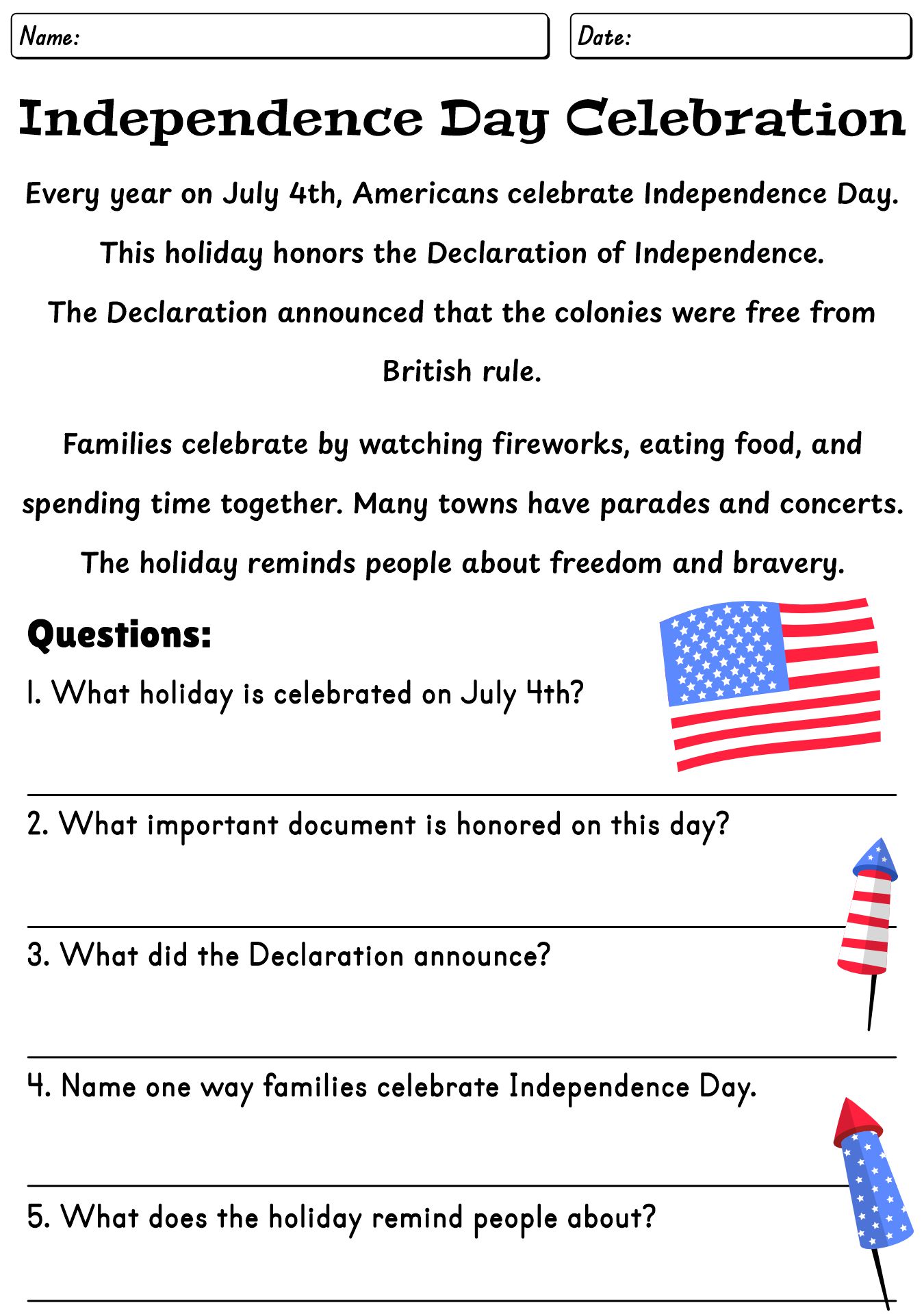 Declaration of Independence Reading Comprehension Worksheet