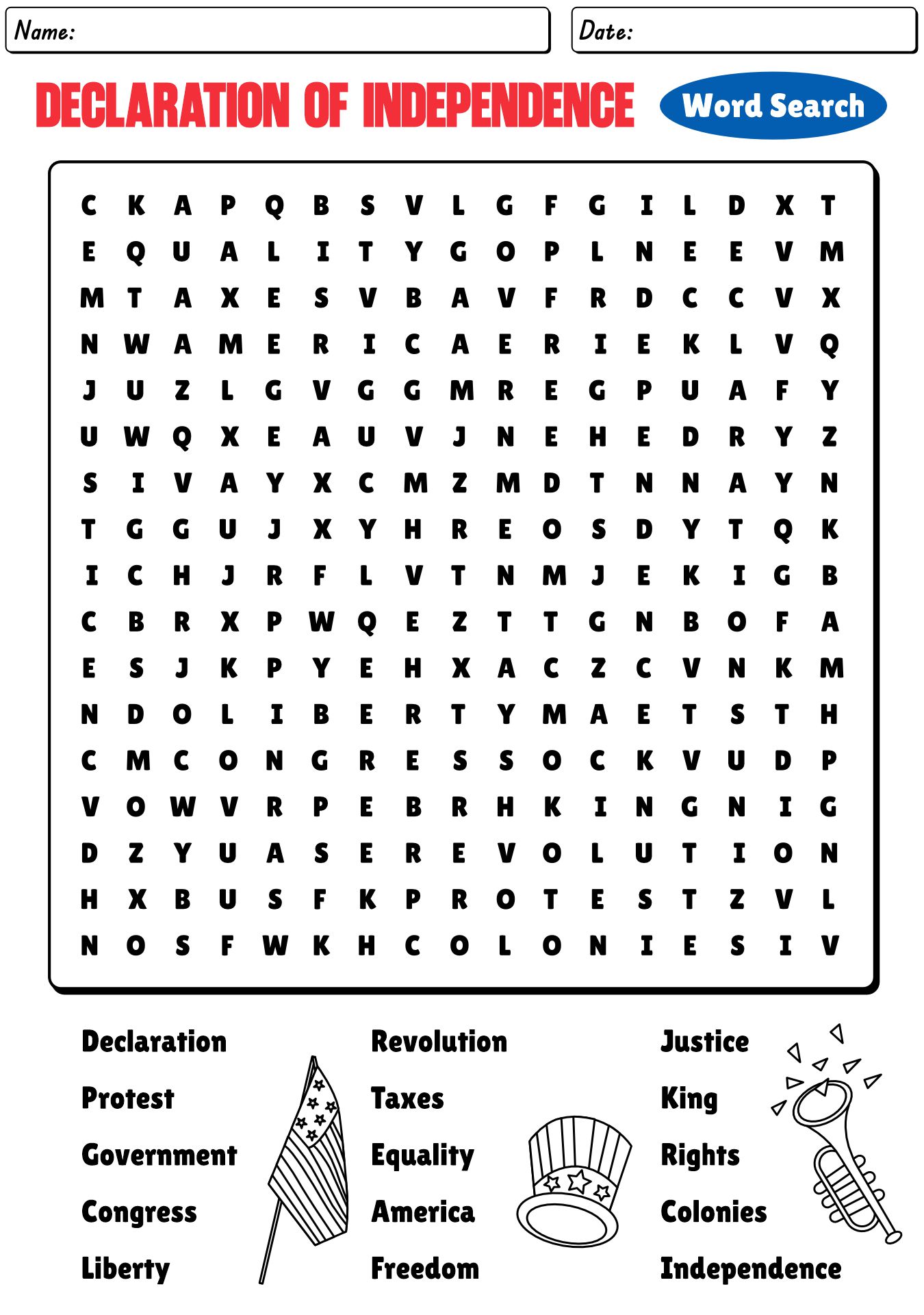 Declaration Of Independence Word Search