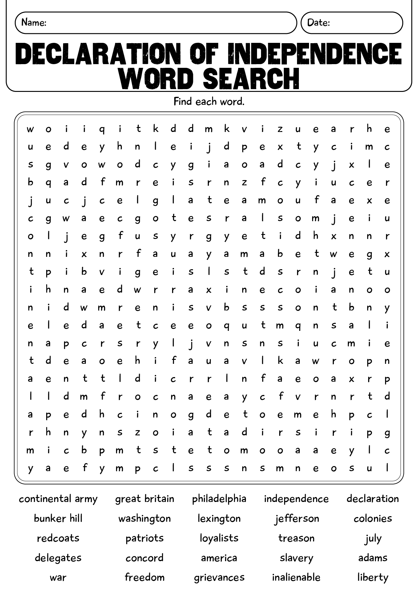 Declaration Of Independence Word Search