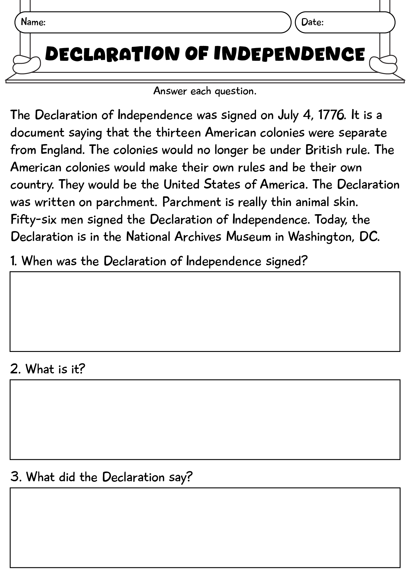 Declaration Of Independence Worksheet For Students