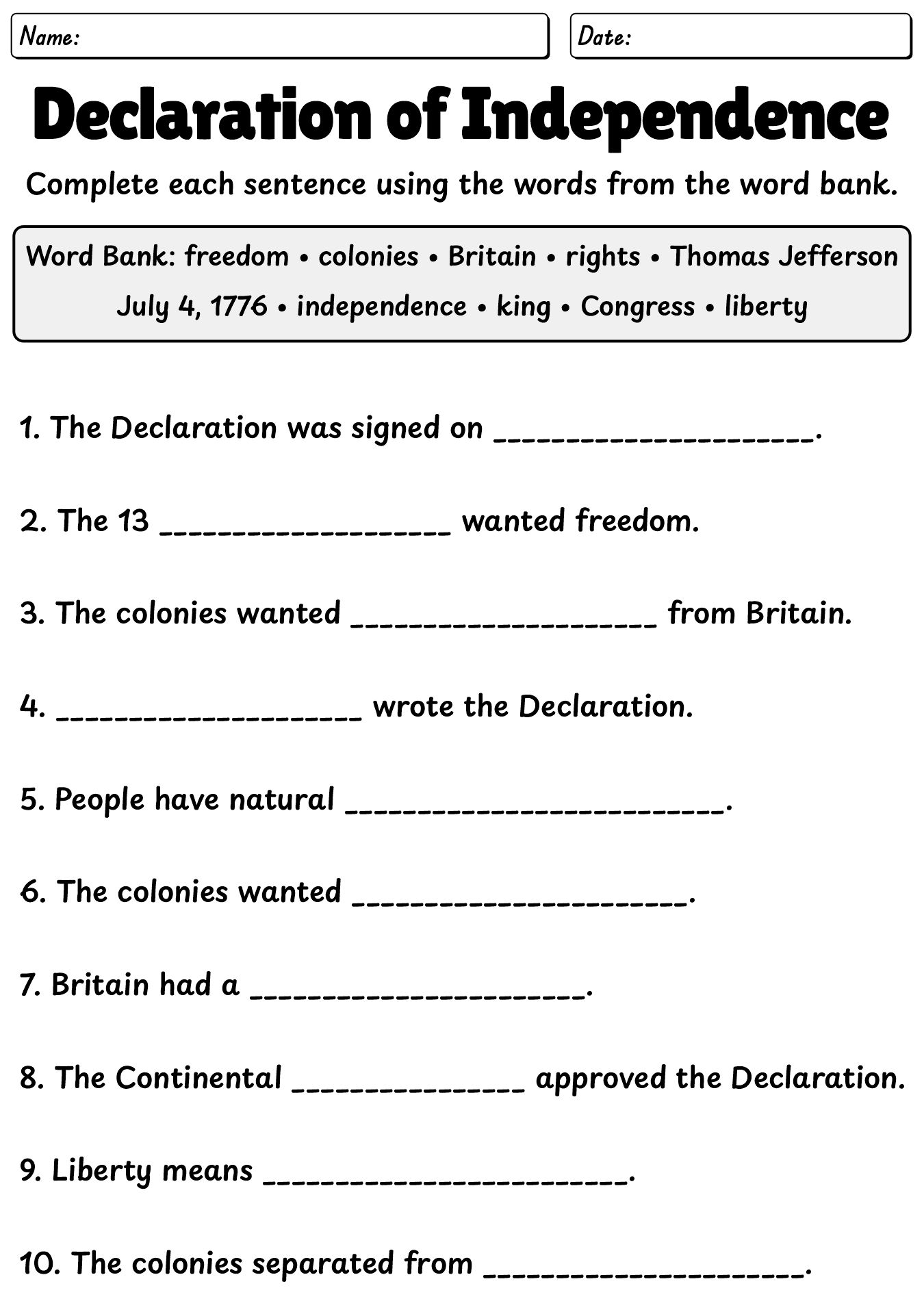 Declaration Of Independence Worksheets For Students