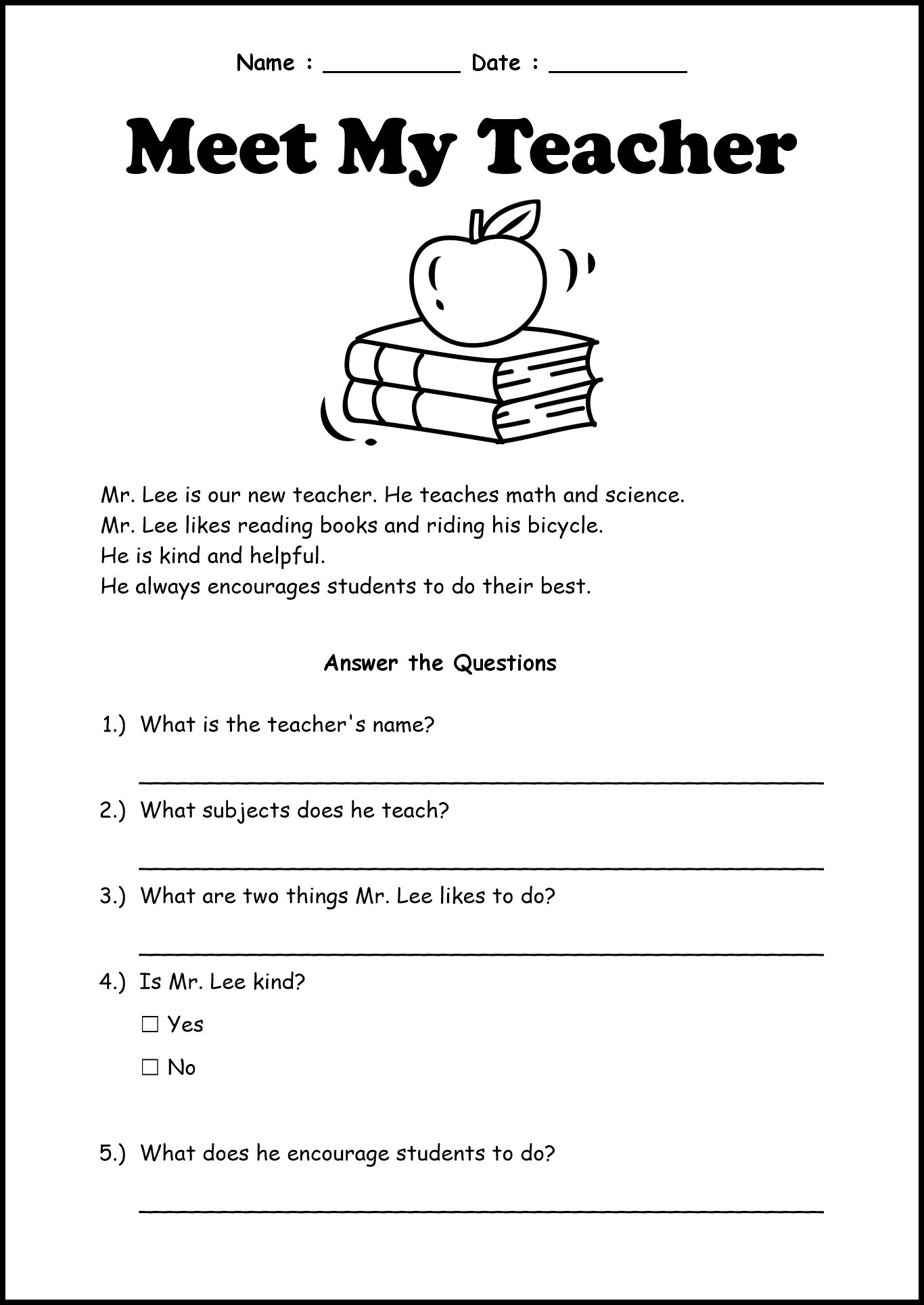 Elementary Back to School Reading Comprehension Exercises