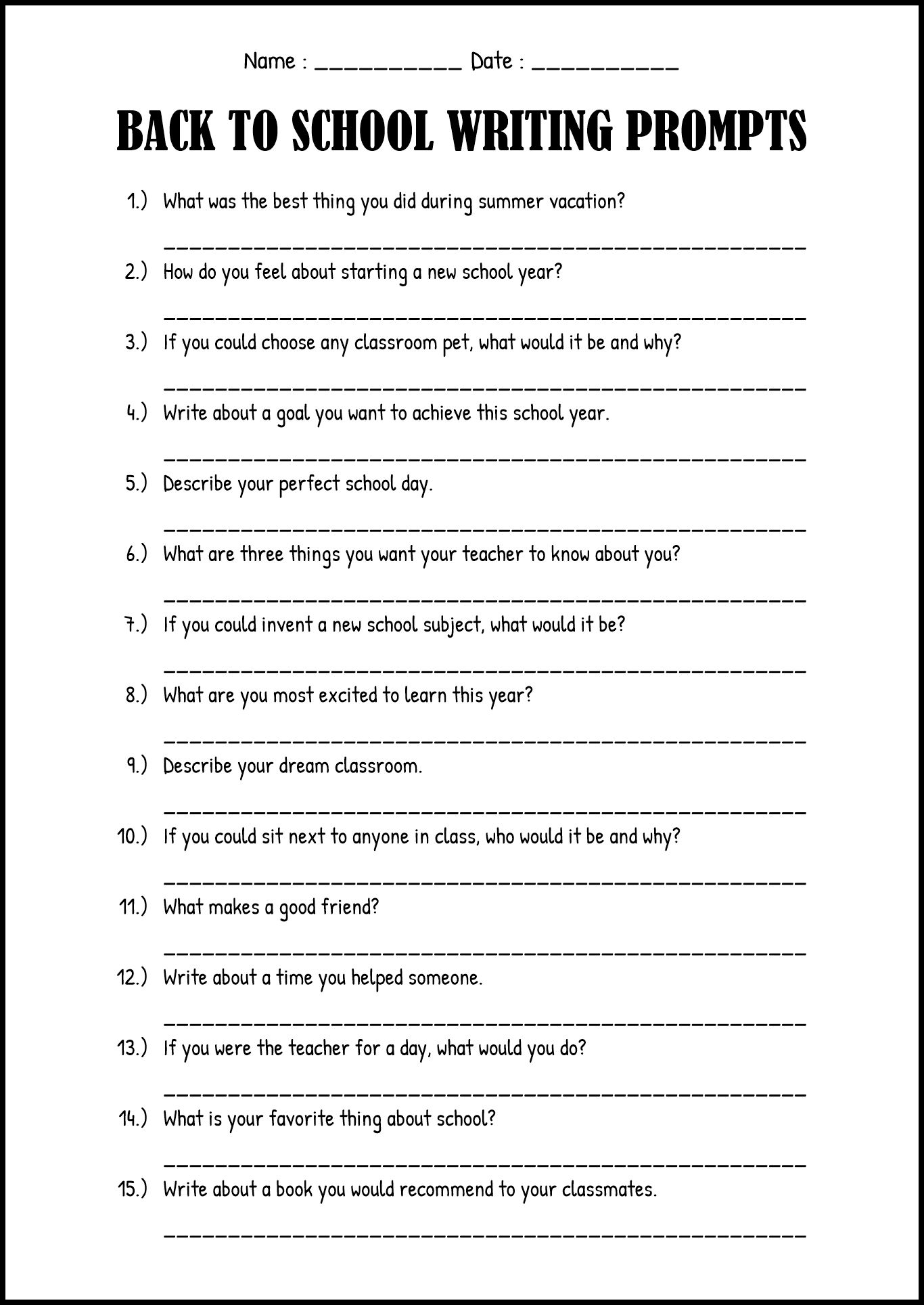 Elementary Back to School Writing Prompts
