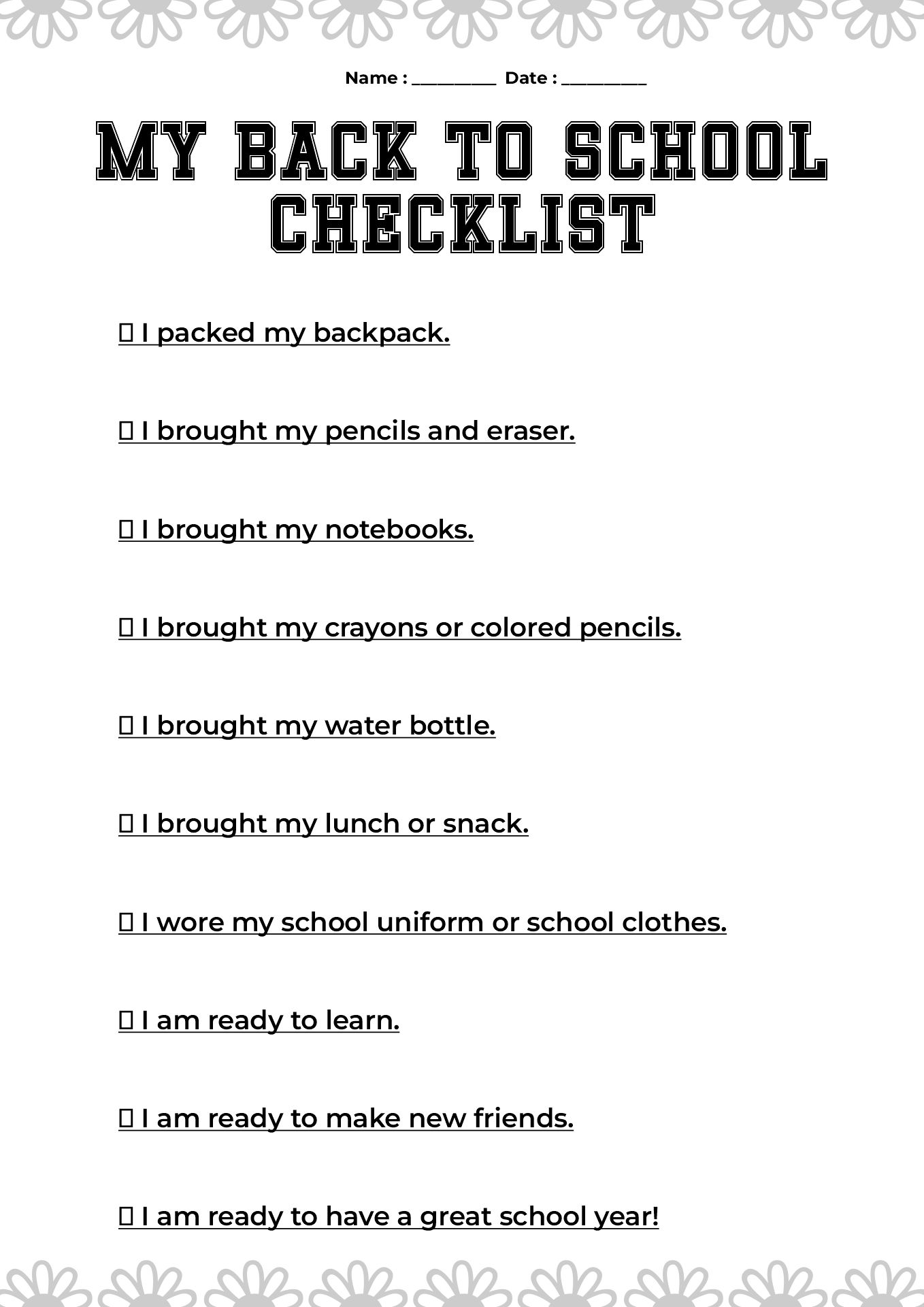 Elementary Level Back to School Checklist Worksheets