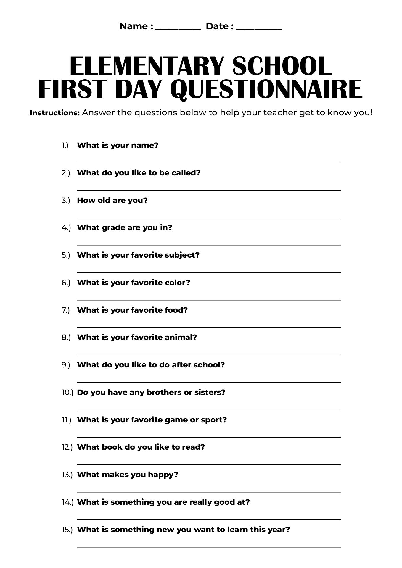 Elementary School First Day Questionnaire
