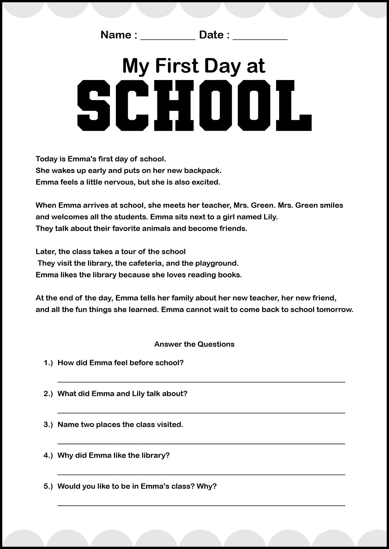Elementary School First Day Reading Worksheets
