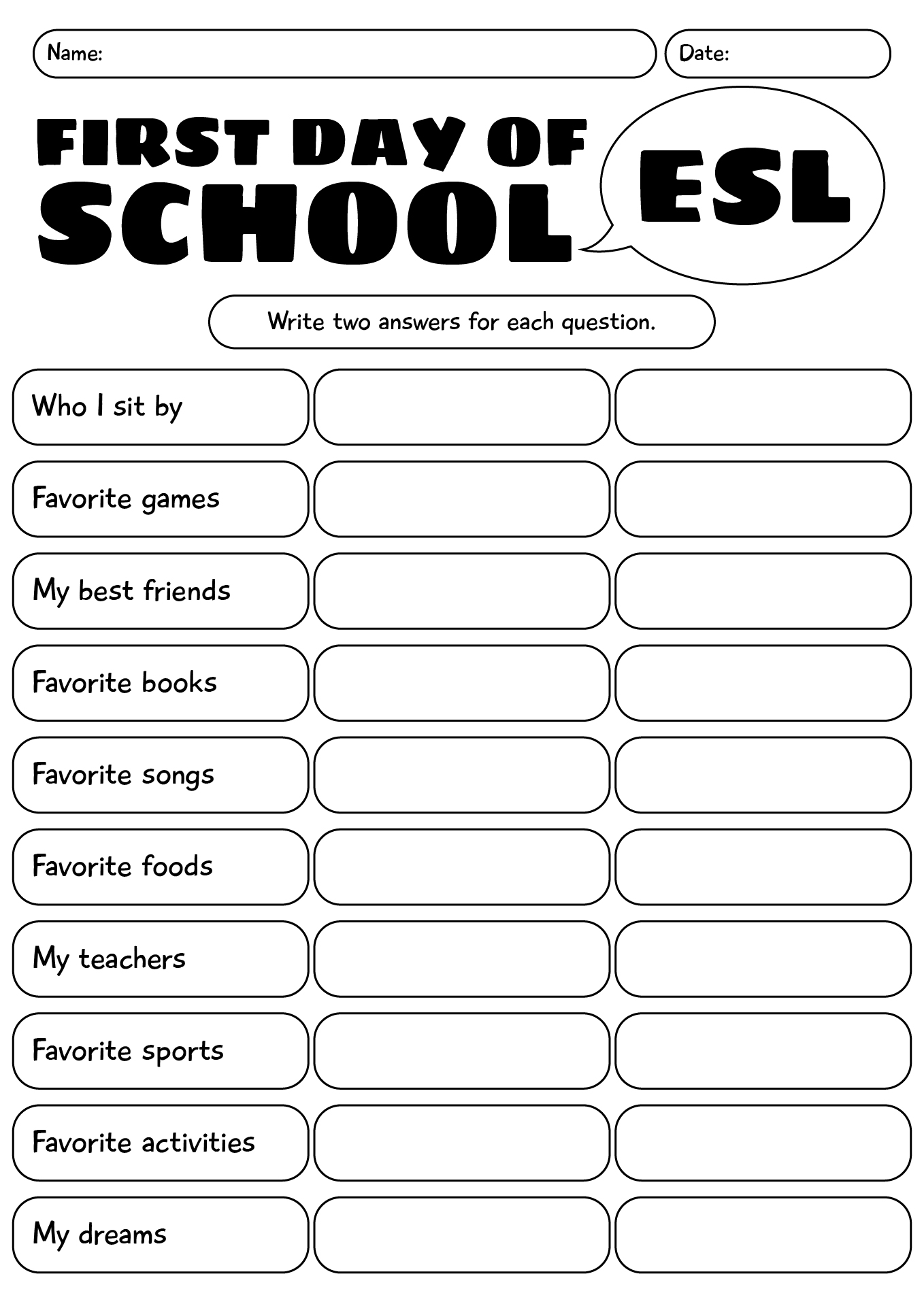 ESL Activities For First Day Of School Worksheet
