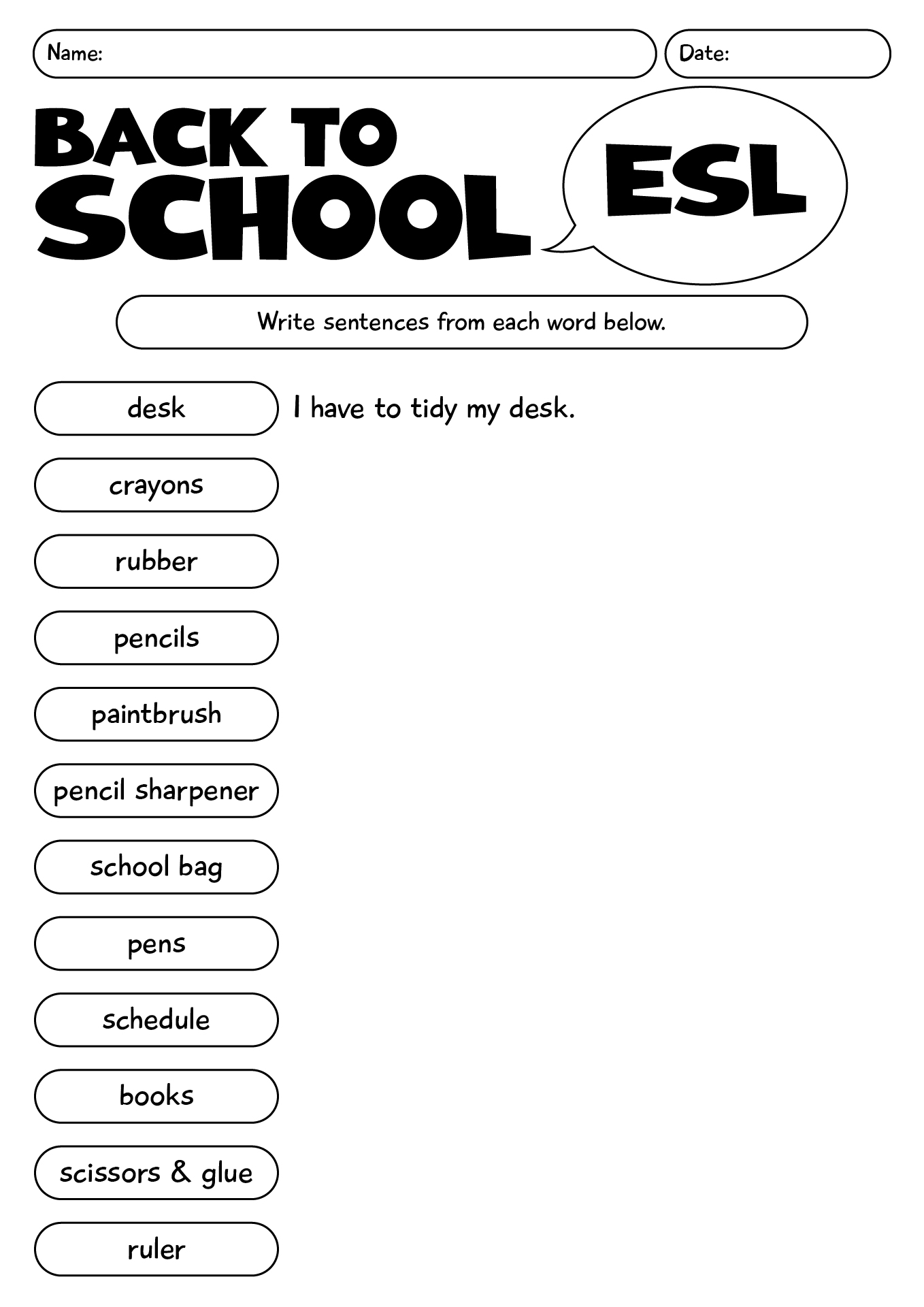 ESL Back To School Worksheet