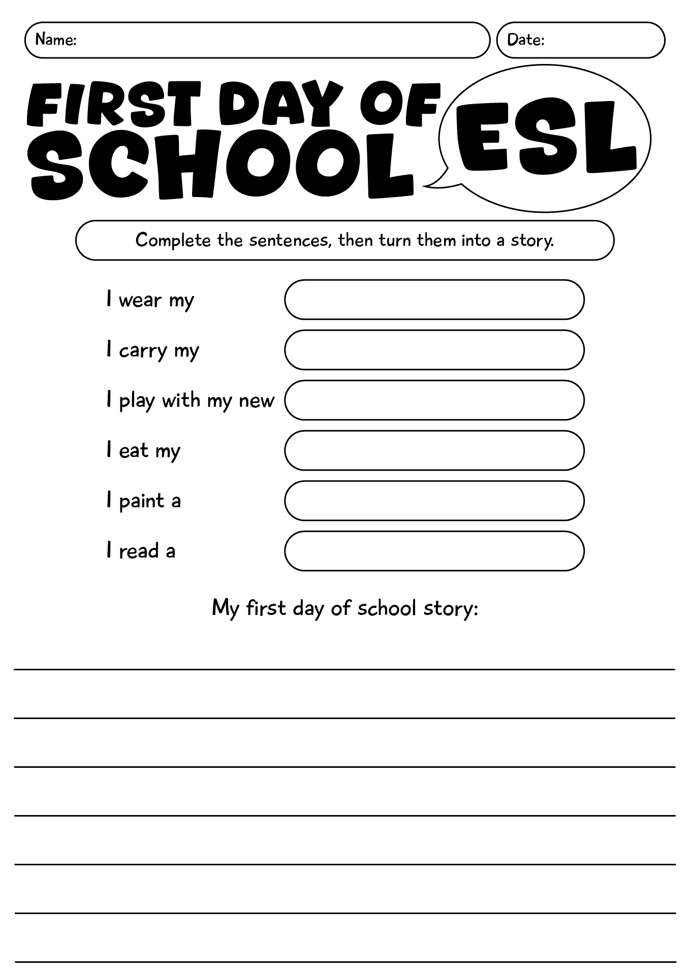 ESL First Day Of School Worksheets