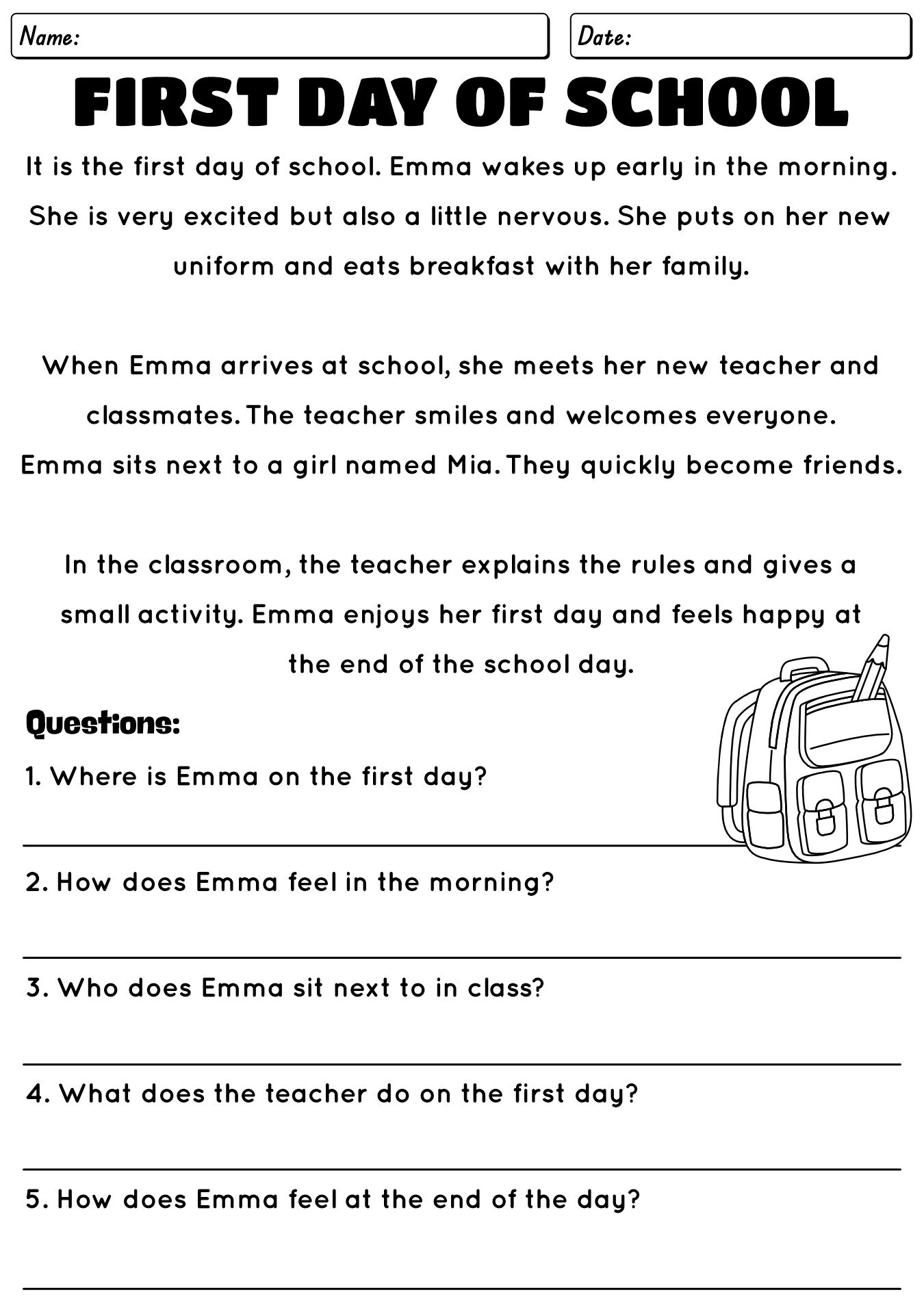 ESL Reading Comprehension First Day Of School