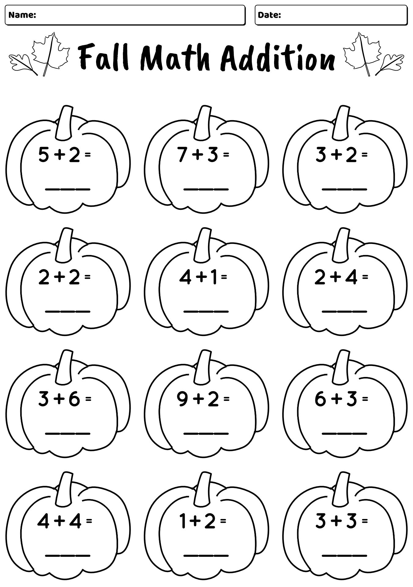 Fall Addition Worksheets for 1st Grade